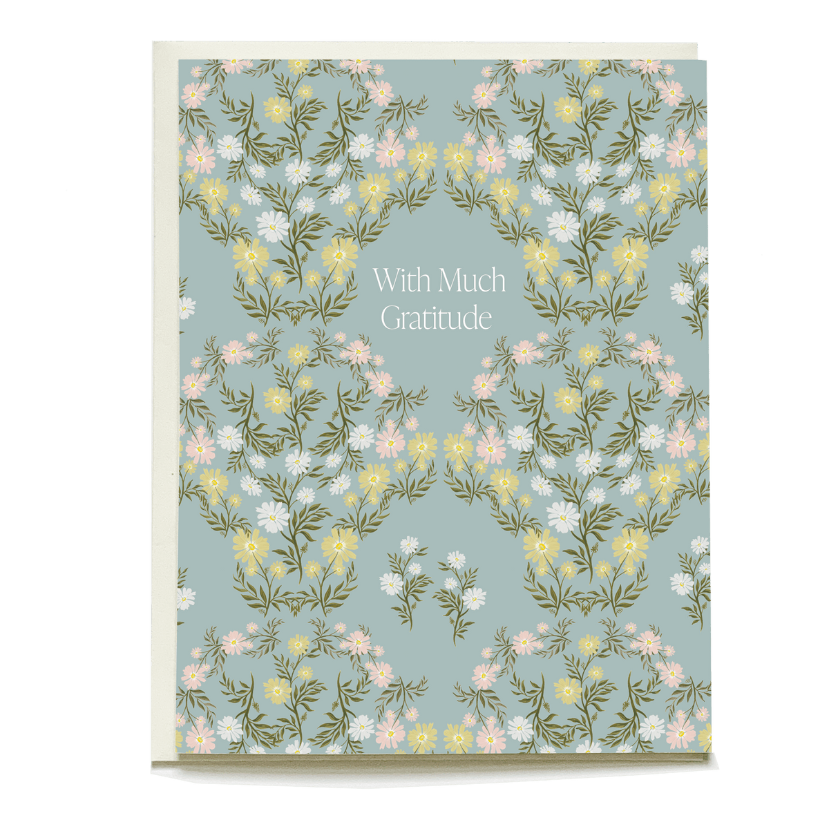 Meadow thank you card featuring floral patterns in pastel colors with the text "With Much Gratitude" in the center.