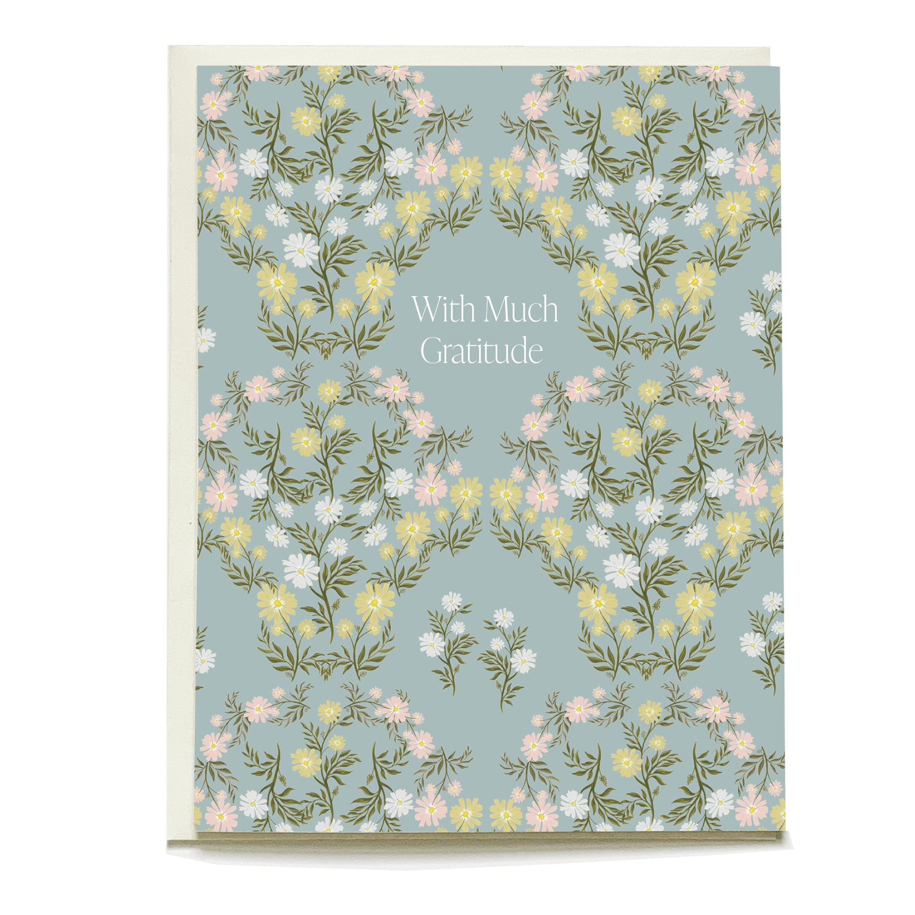 Meadow thank you card featuring floral patterns in pastel colors with the text "With Much Gratitude" in the center.