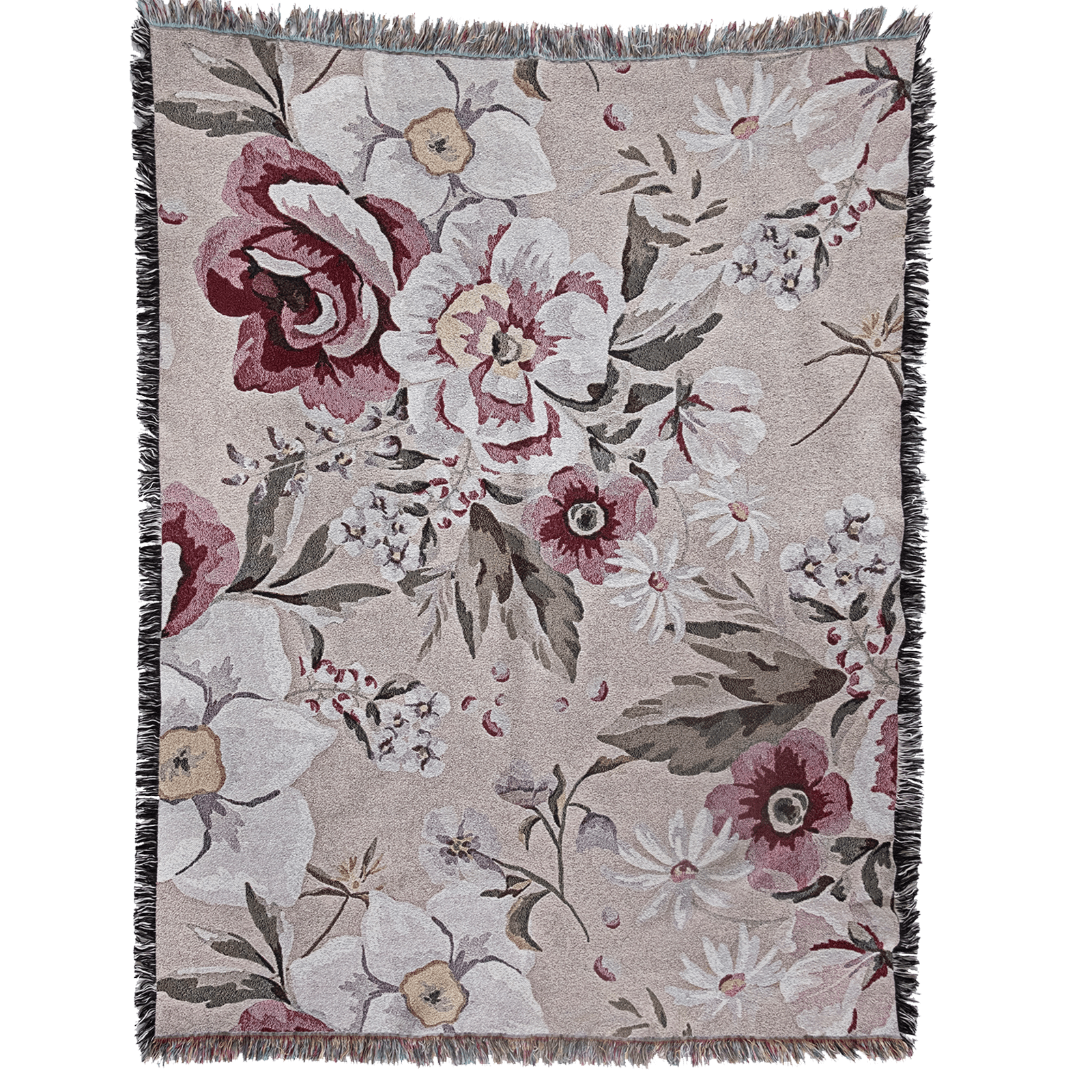 Meadow woven blanket featuring a floral design with roses and daisies in soft pink and cream tones.