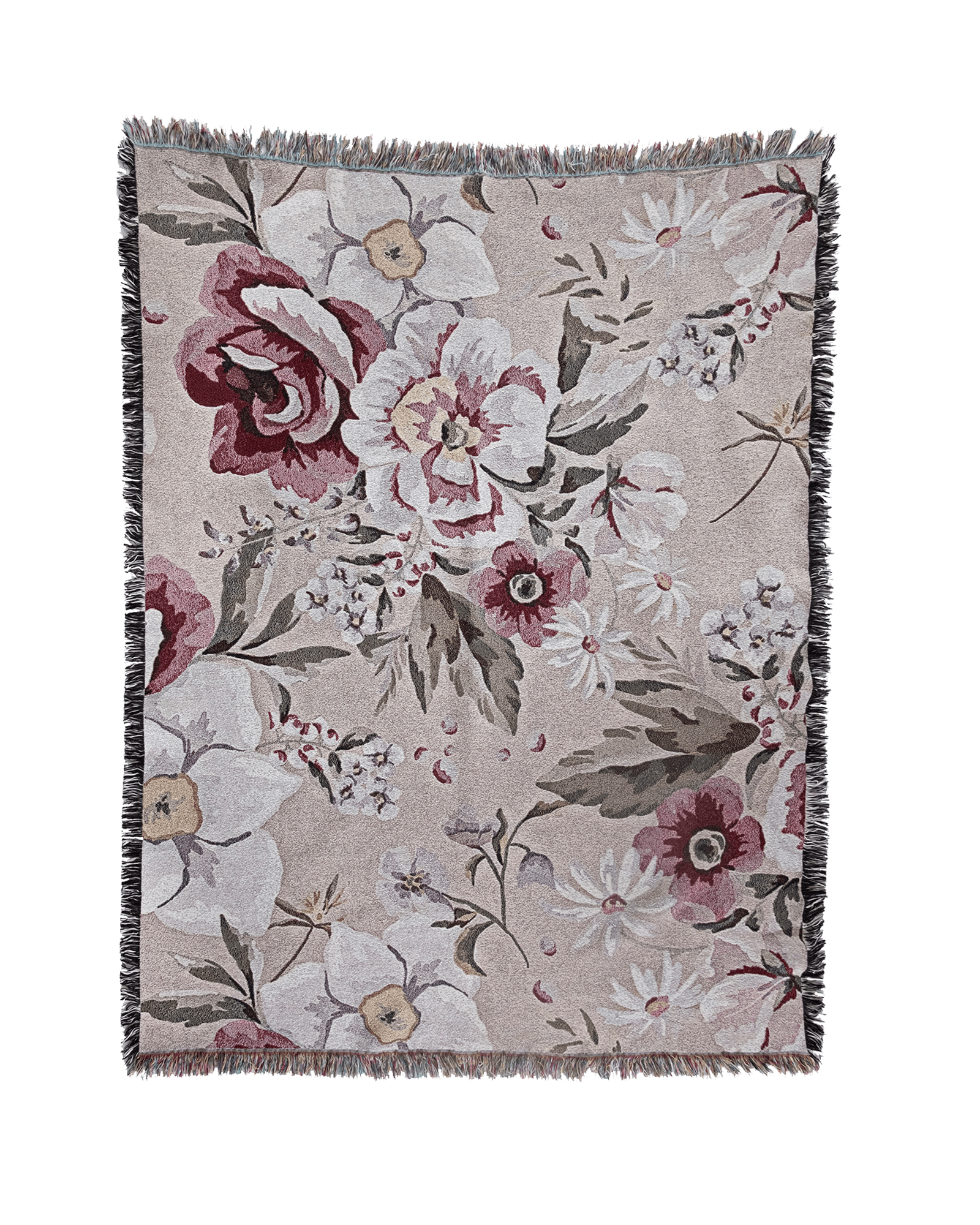 Meadow woven blanket featuring a floral design with roses and daisies in soft pink and cream tones.