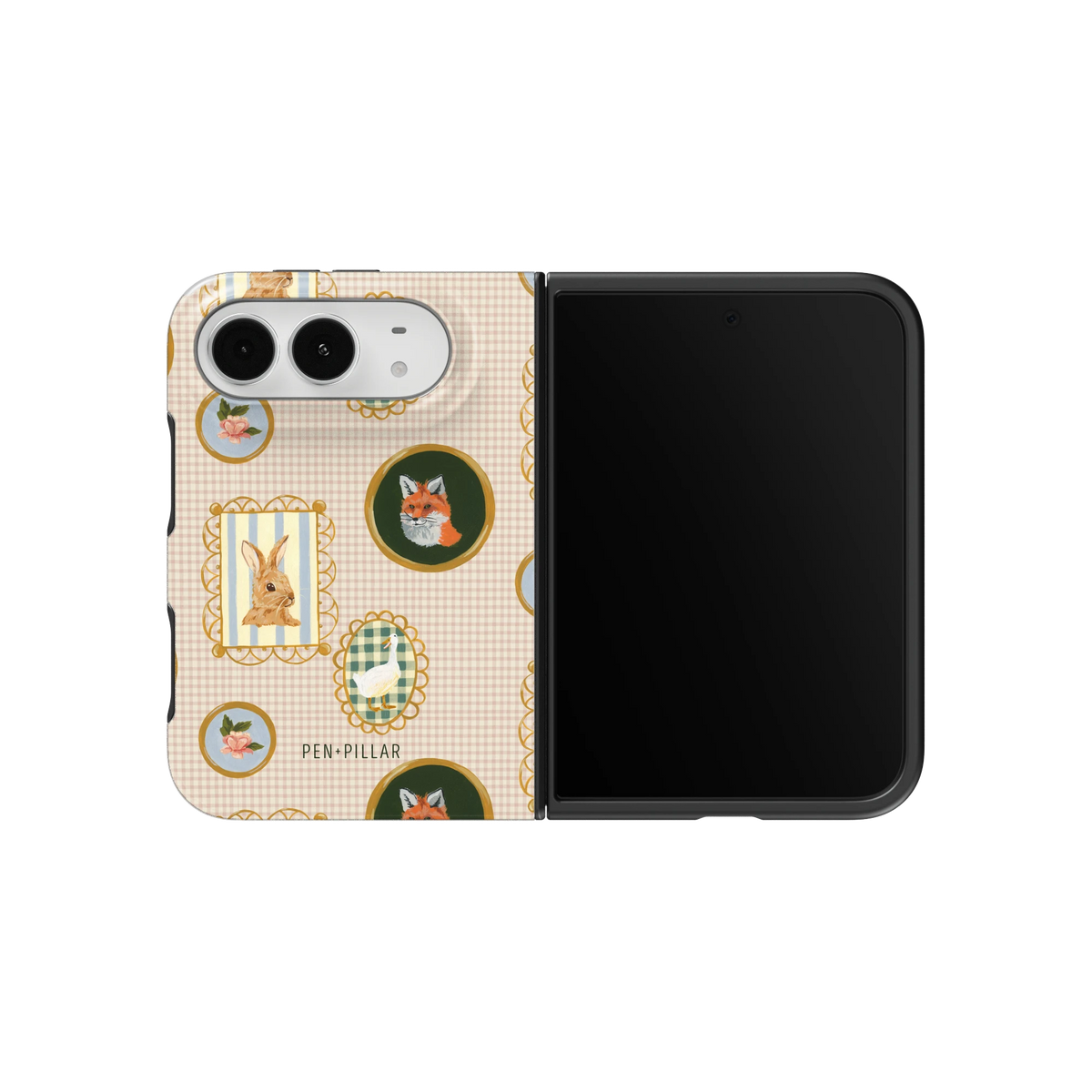 Menagerie iPhone 18 Duo case on an unfolded iPhone 18 Duo, back and screen side by side: framed fox and rabbit brooches on blush gingham