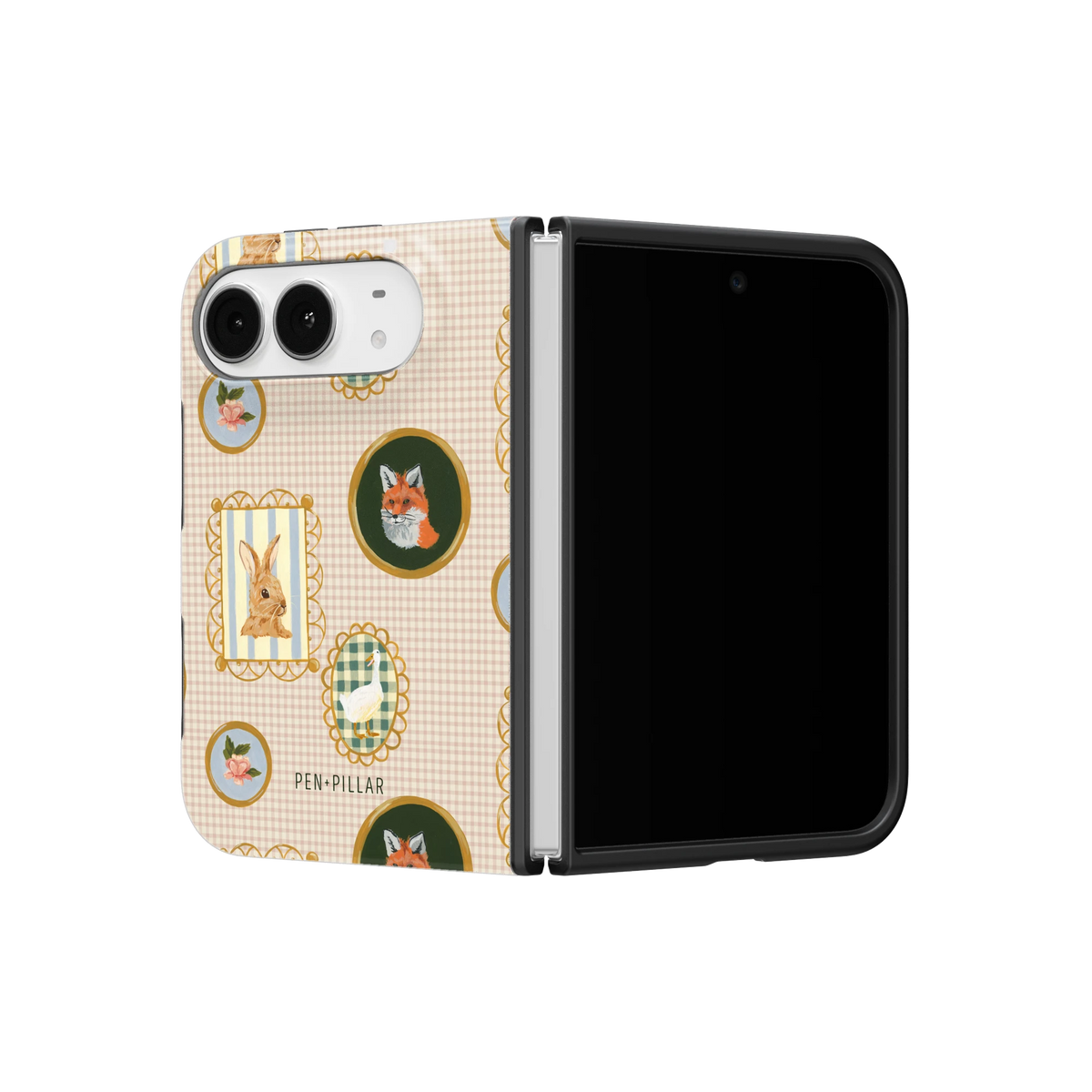 Menagerie iPhone 18 Duo case on a half-open iPhone 18 Duo, angled view