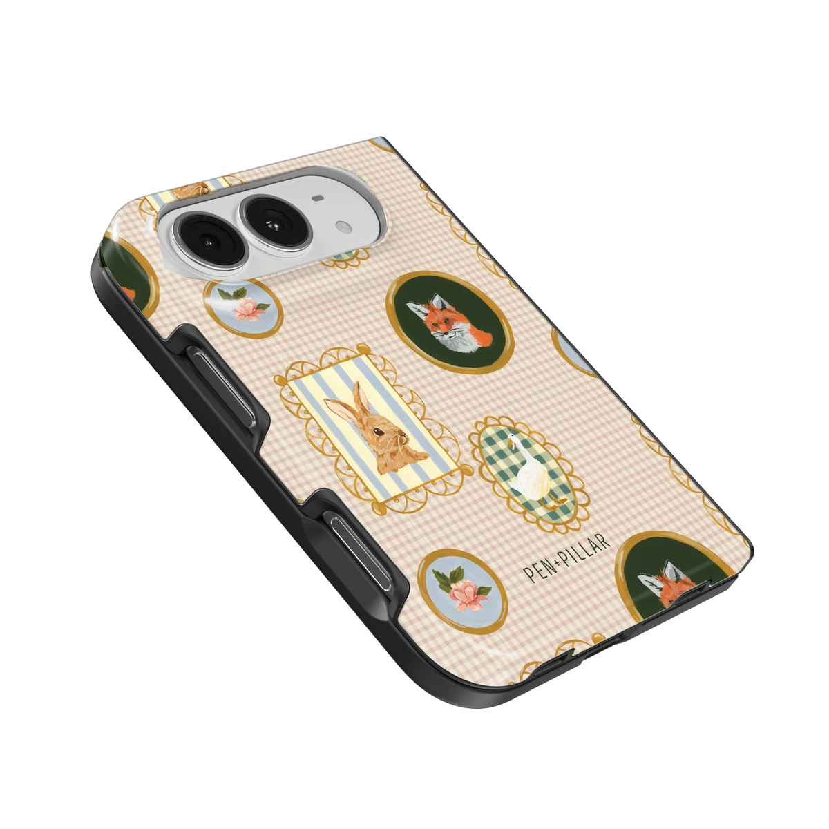 Menagerie iPhone 18 Duo case, angled view showing the camera surround and side buttons