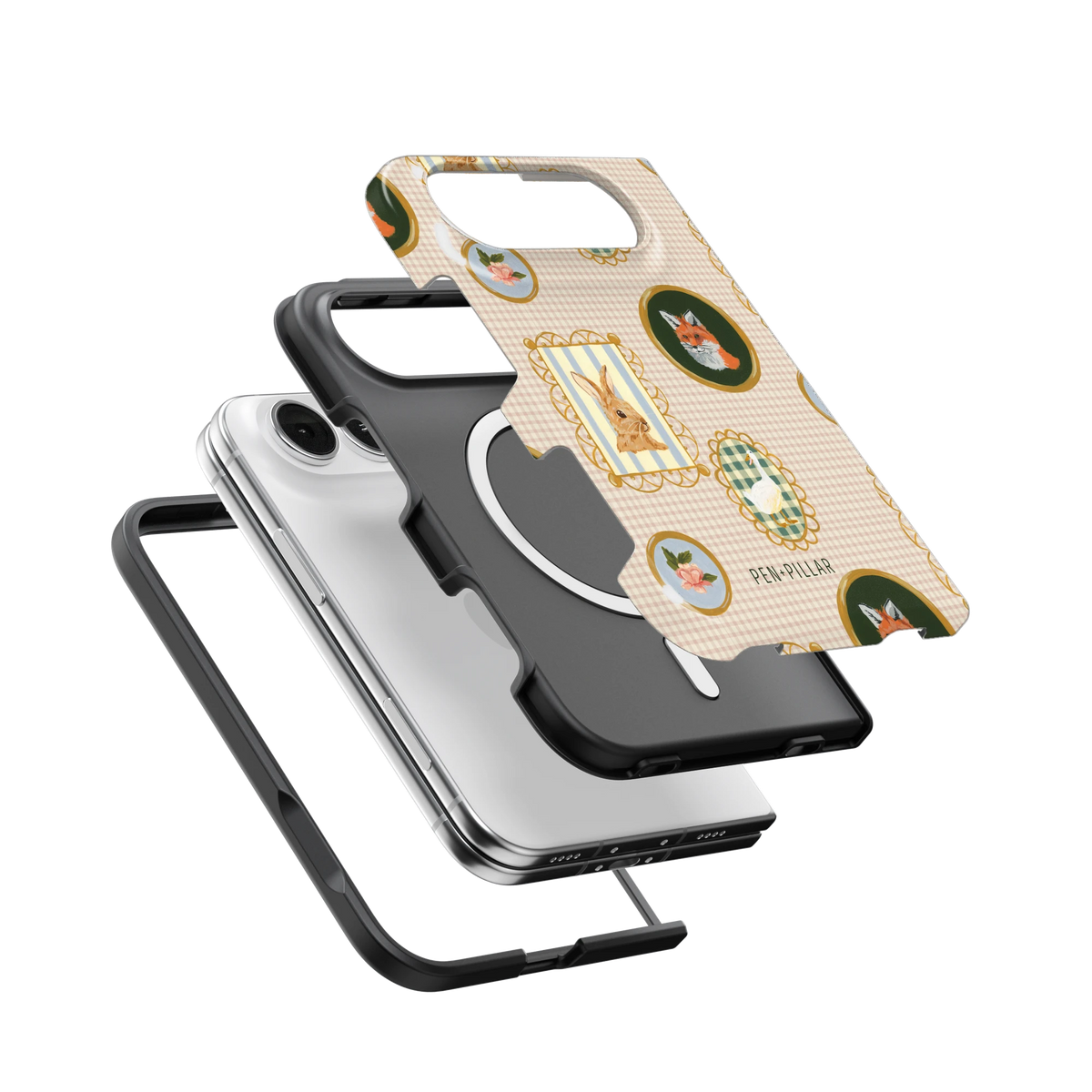 Menagerie iPhone 18 Duo case, exploded view of the printed shell, black inner layer with MagSafe ring, and phone
