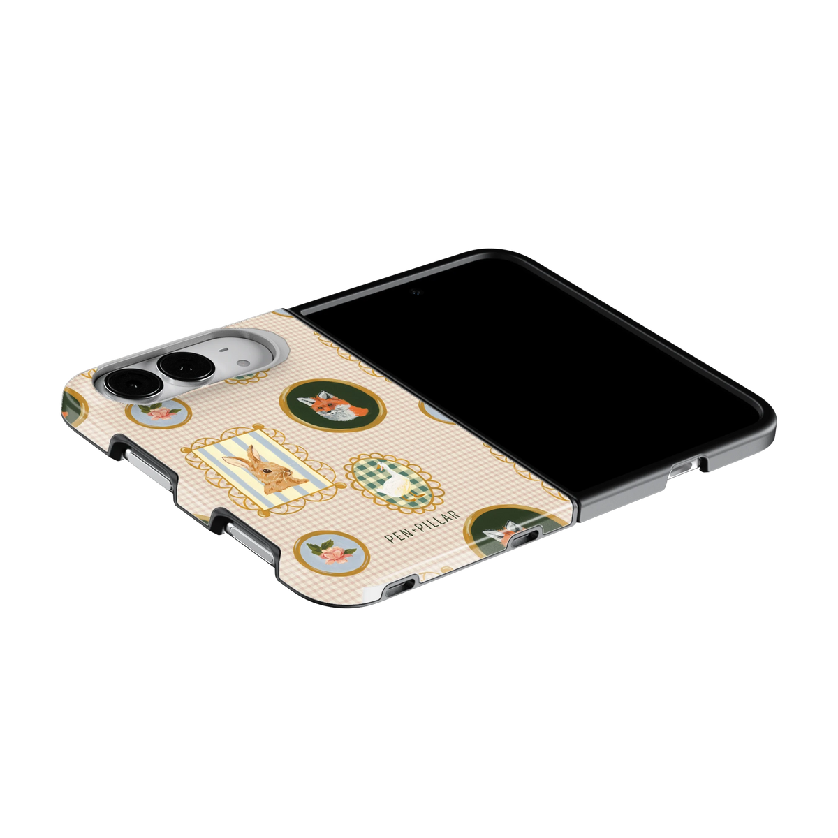Menagerie iPhone 18 Duo case on an iPhone 18 Duo lying flat, unfolded