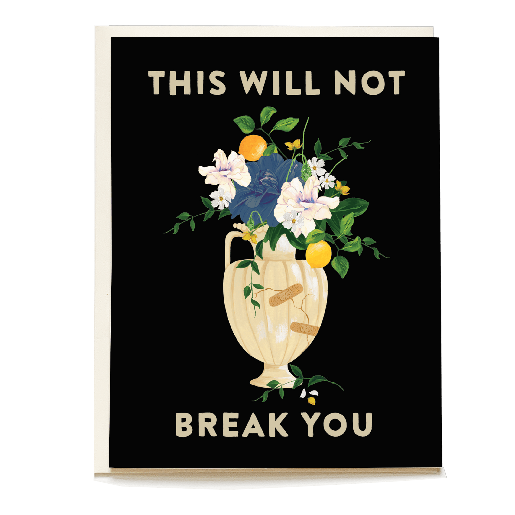 Mended vessel sympathy card featuring a floral arrangement in a vase with the text "This will not break you.