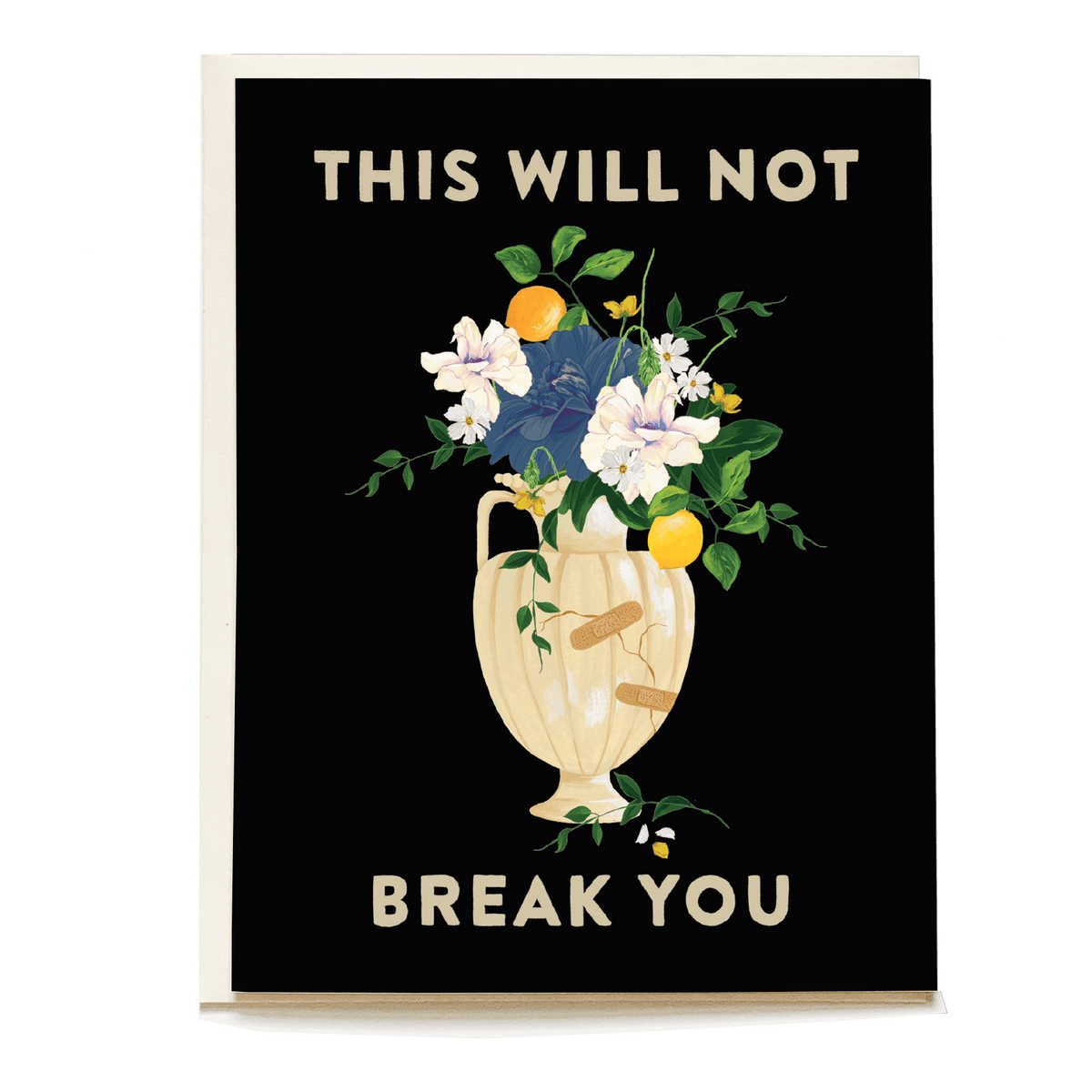 Mended vessel sympathy card featuring a floral arrangement in a vase with the text "This will not break you.