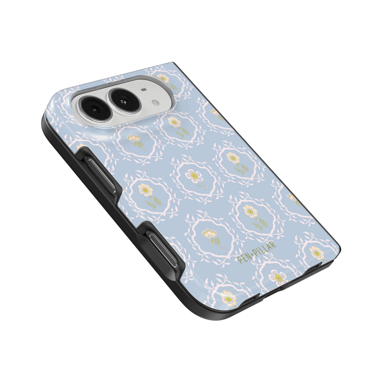 Merrigold iPhone 18 Duo case, angled view showing the camera surround and side buttons