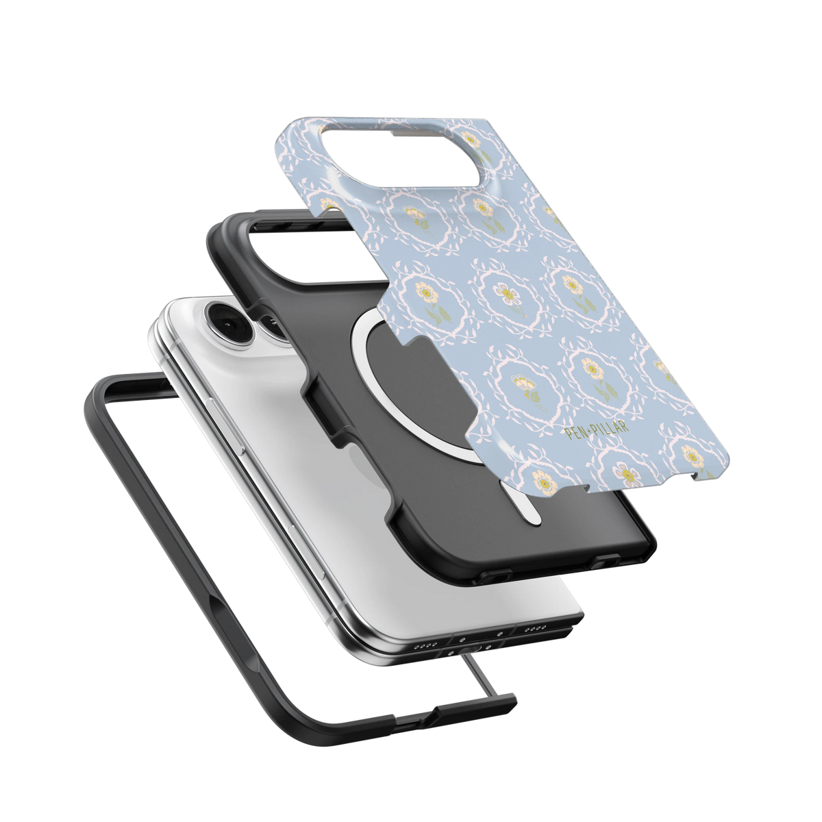 Merrigold iPhone 18 Duo case, exploded view of the printed shell, black inner layer with MagSafe ring, and phone