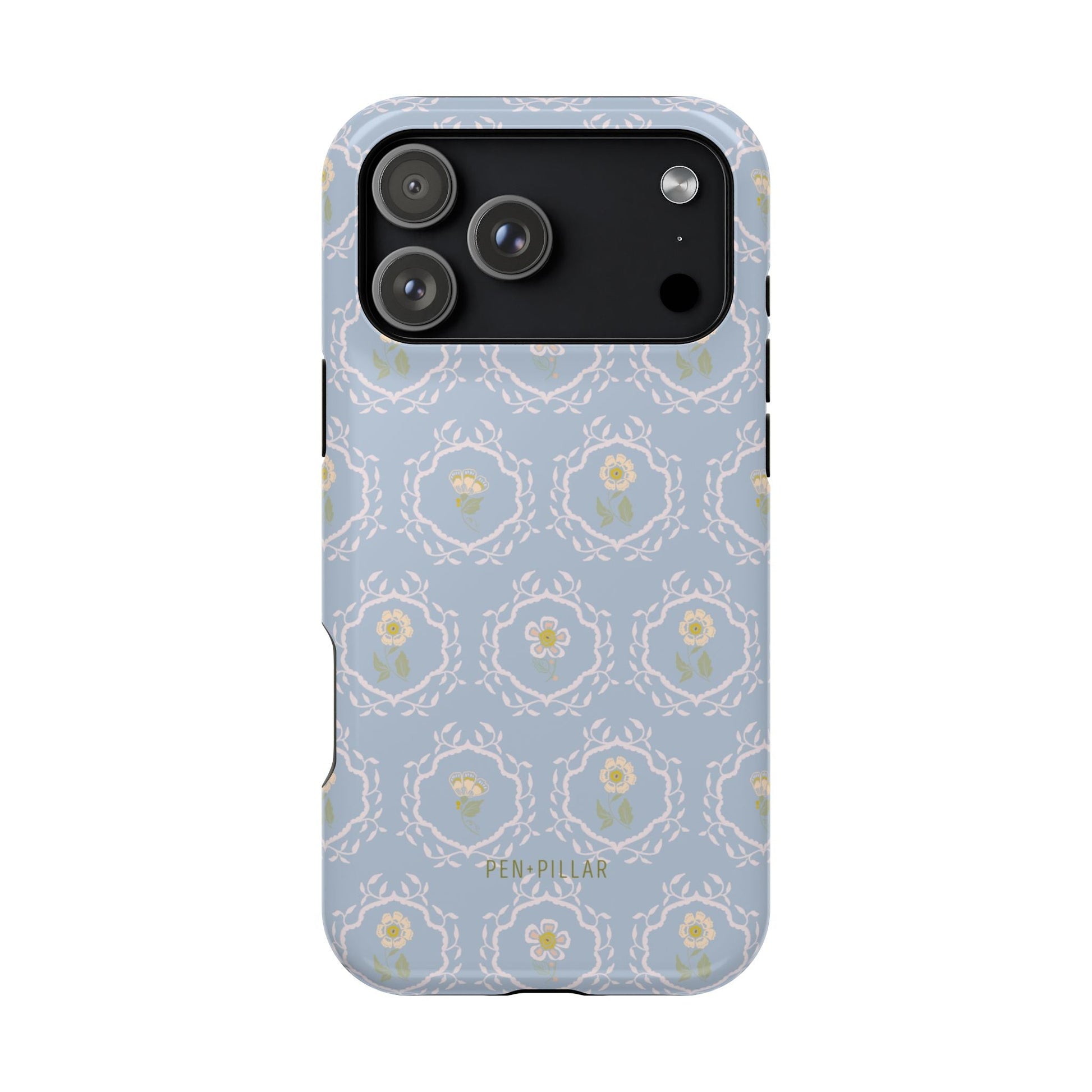 Merrigold iPhone case featuring a light blue floral pattern with intricate designs and a black camera cutout.
