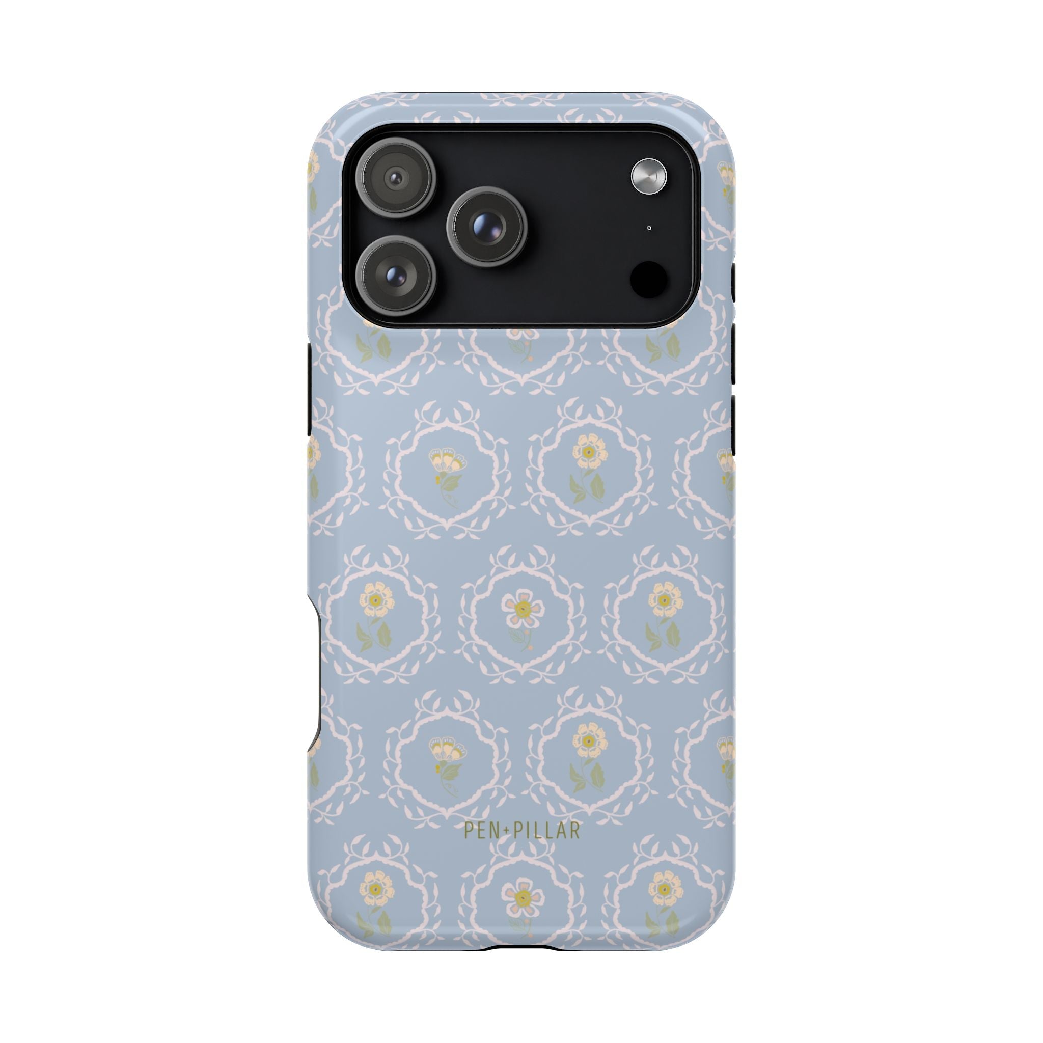 Merrigold iPhone case featuring a light blue floral pattern with intricate designs and a black camera cutout.