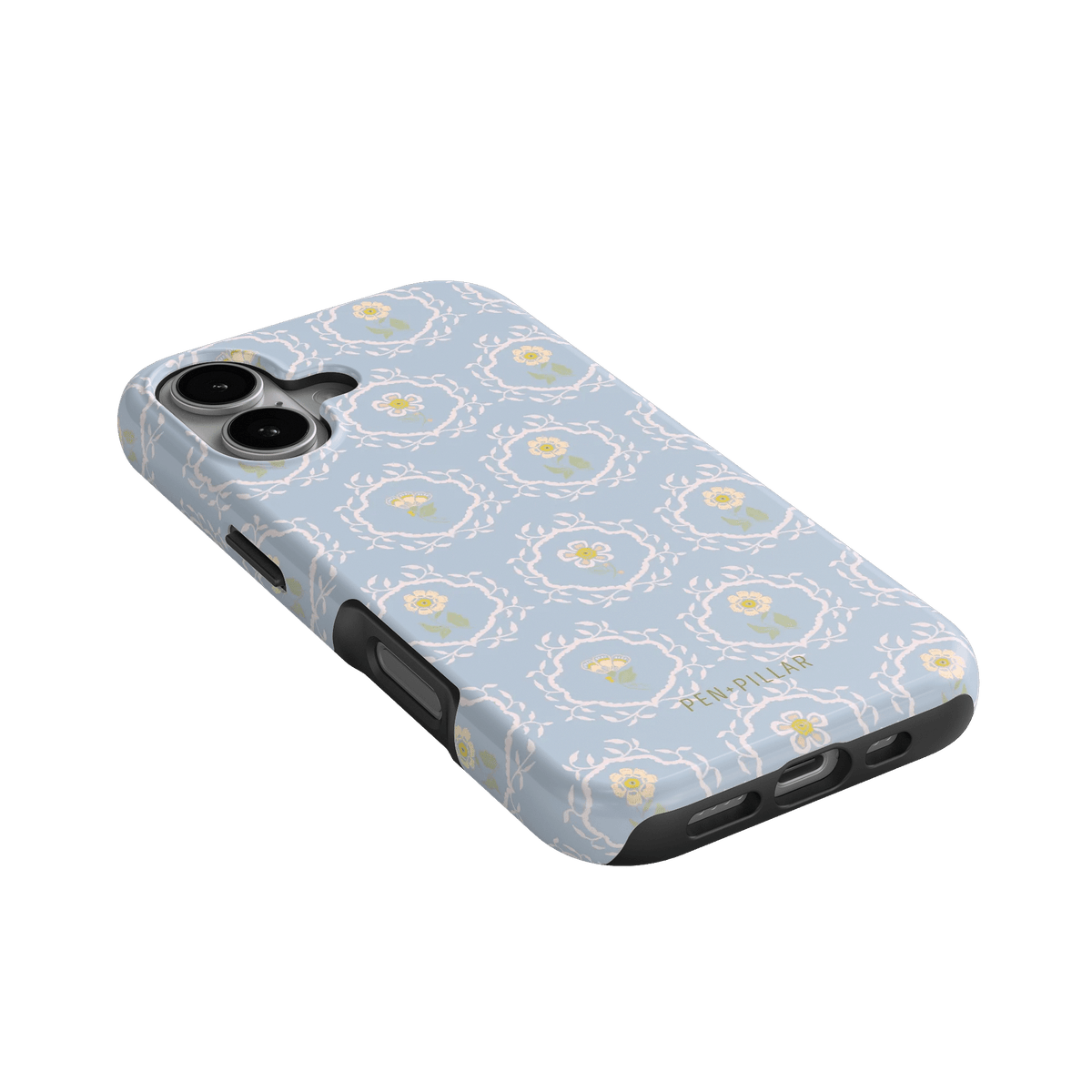 Merrigold iPhone case with a light blue floral pattern and black edges, angled view showcasing ports and buttons.