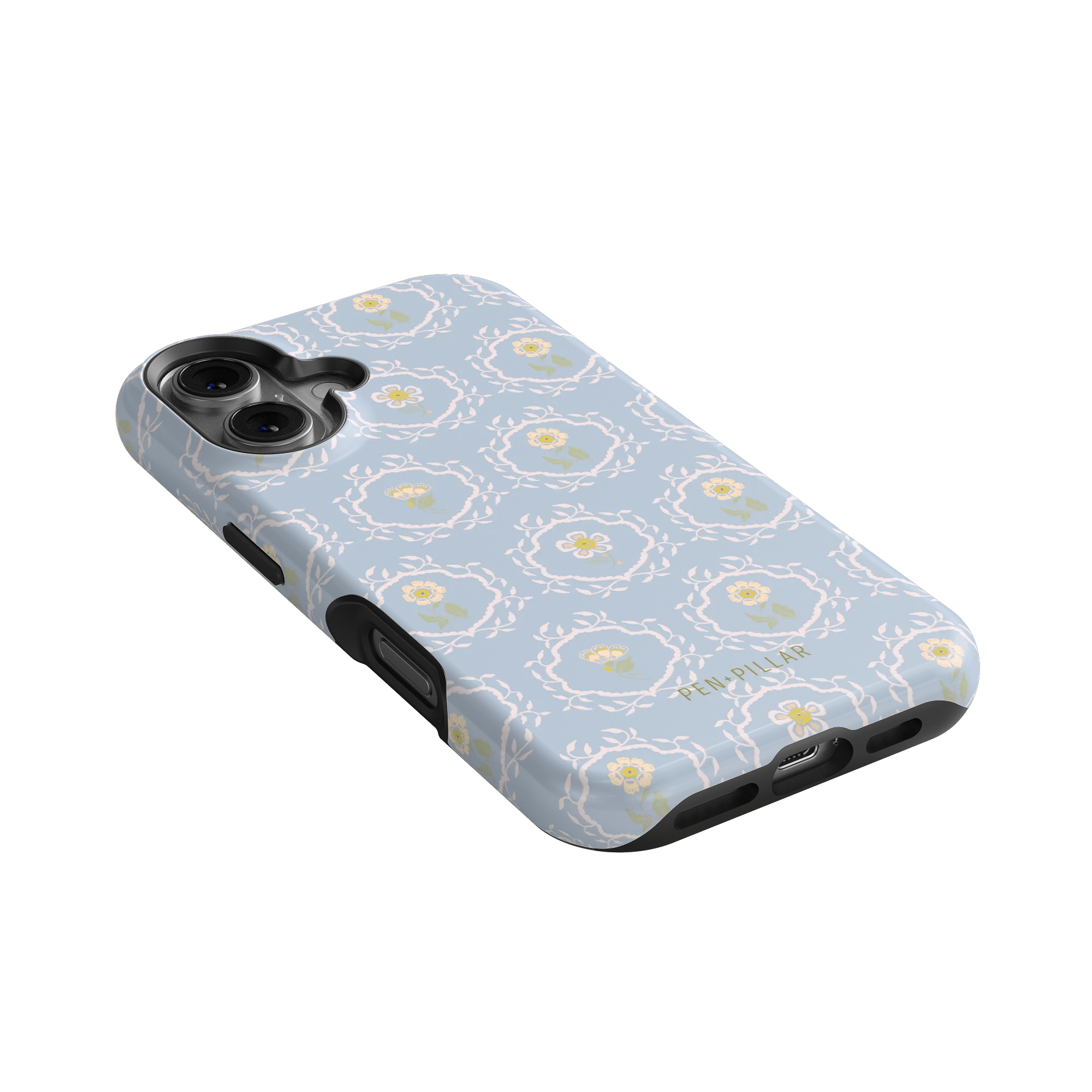 Merrigold iPhone case featuring a light blue floral pattern with a textured surface and black edges.