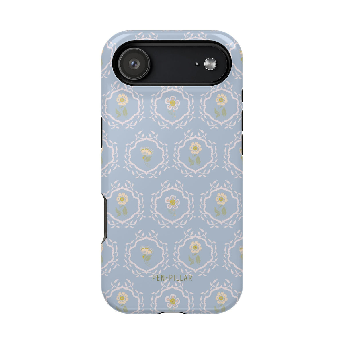 Merrigold iPhone case featuring a light blue floral pattern with green and white accents on a protective shell.