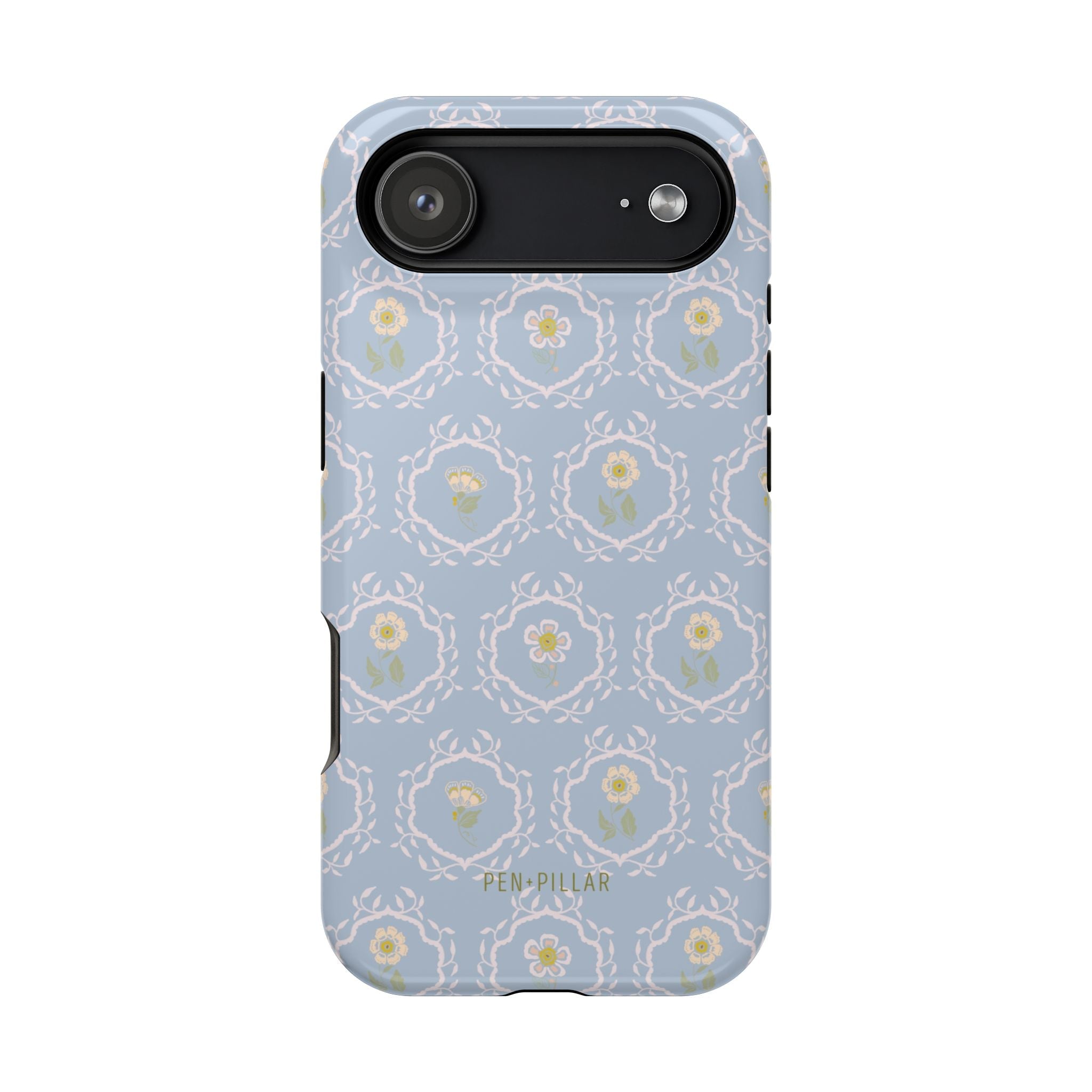 Merrigold iPhone case featuring a light blue floral pattern with green and white accents on a protective shell.