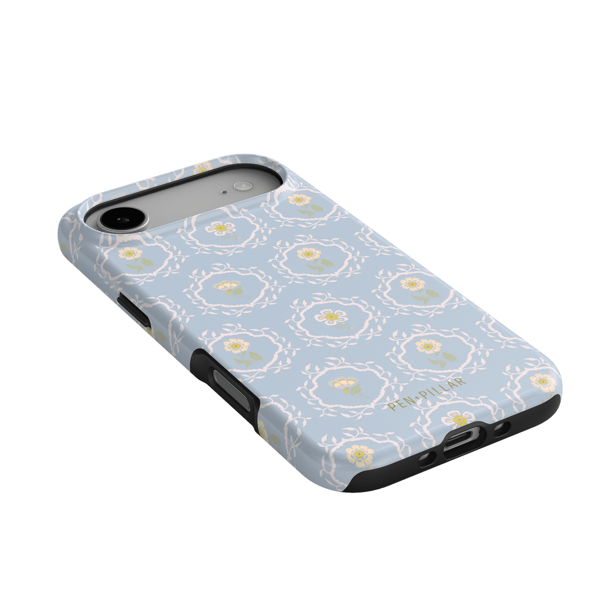 Merrigold iPhone case featuring a light blue floral pattern with yellow accents and a black edge.