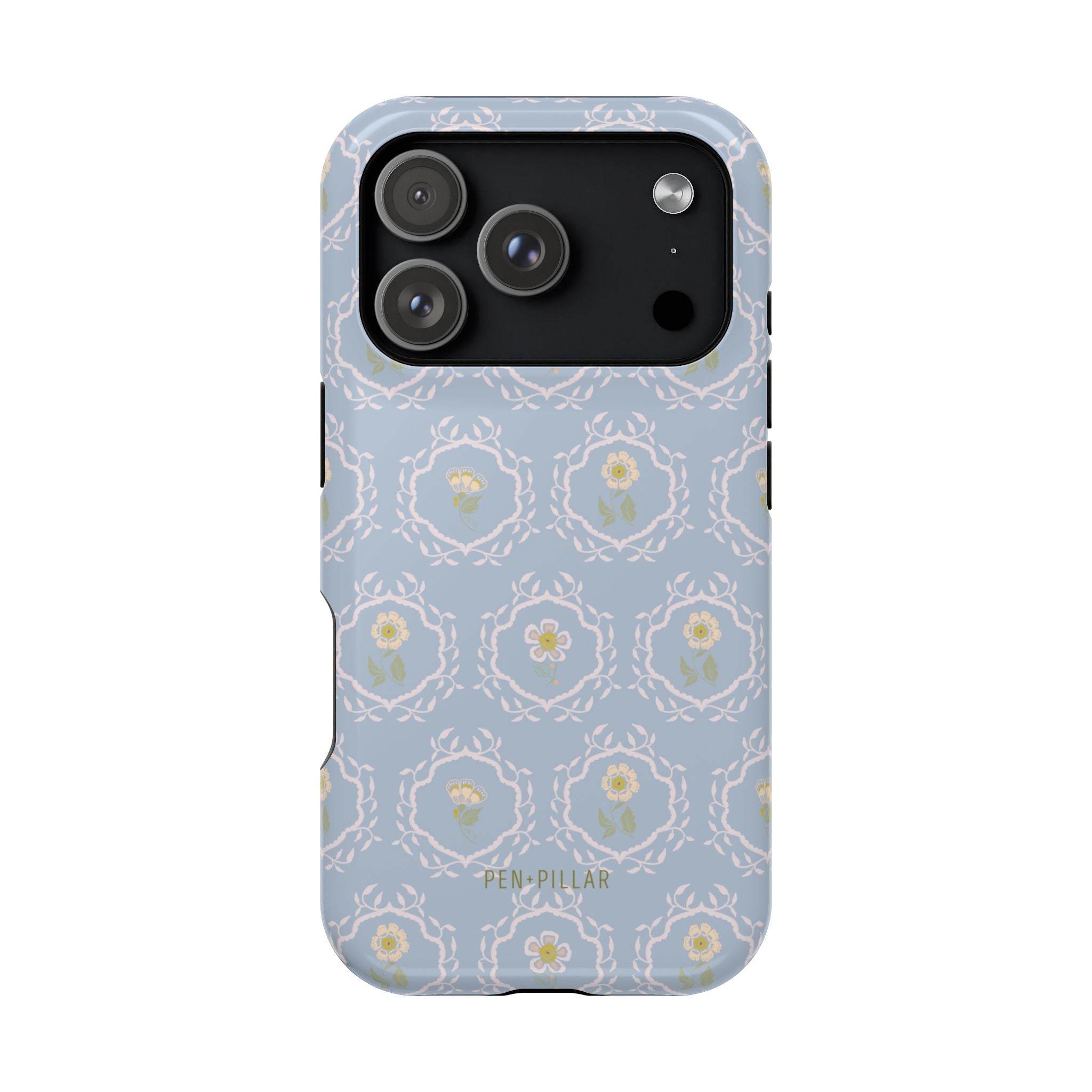 Merrigold iPhone case featuring a light blue floral pattern with intricate designs and a glossy finish.
