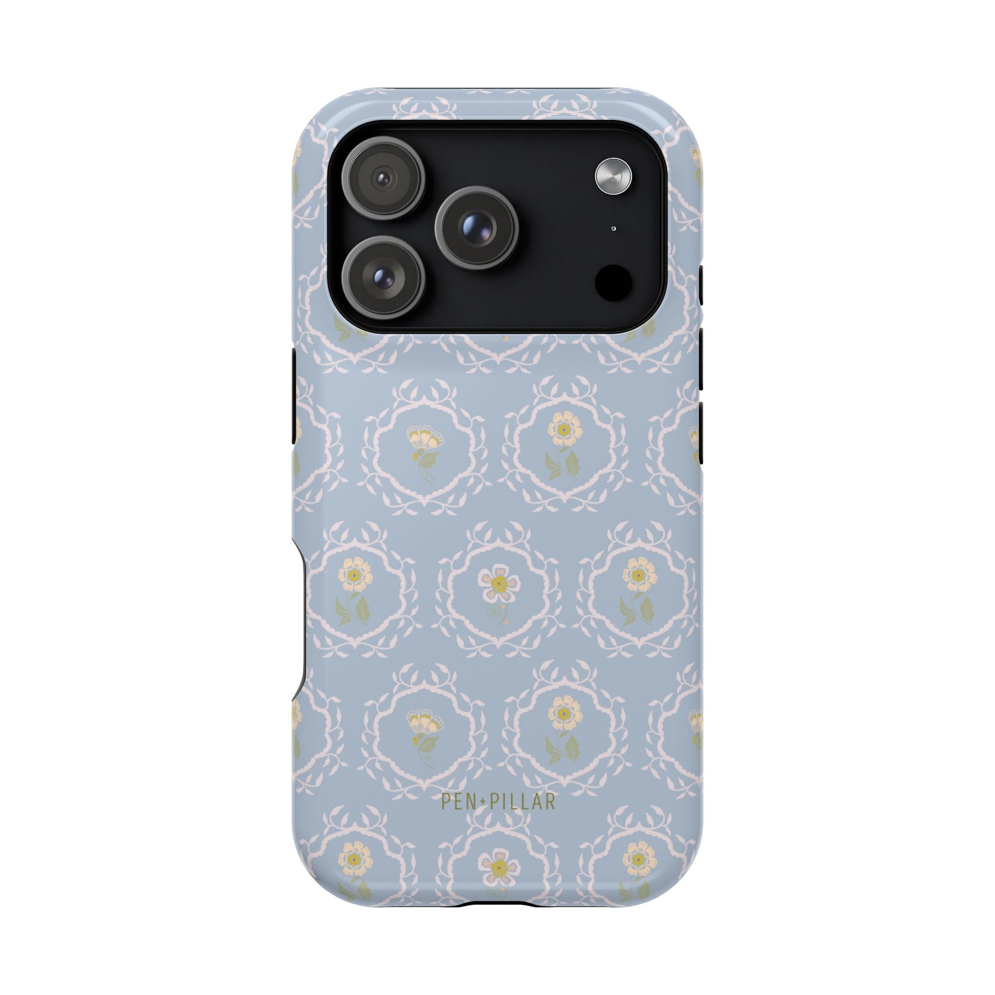 Merrigold iPhone case featuring a light blue floral pattern with intricate designs and a glossy finish.