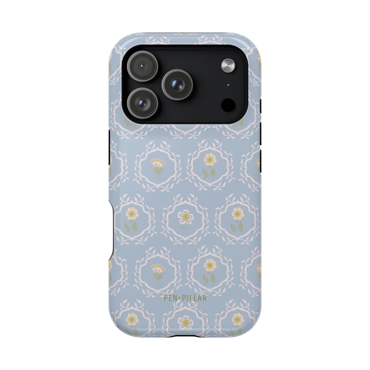 Merrigold iPhone case featuring a light blue floral pattern with intricate designs and a glossy finish.