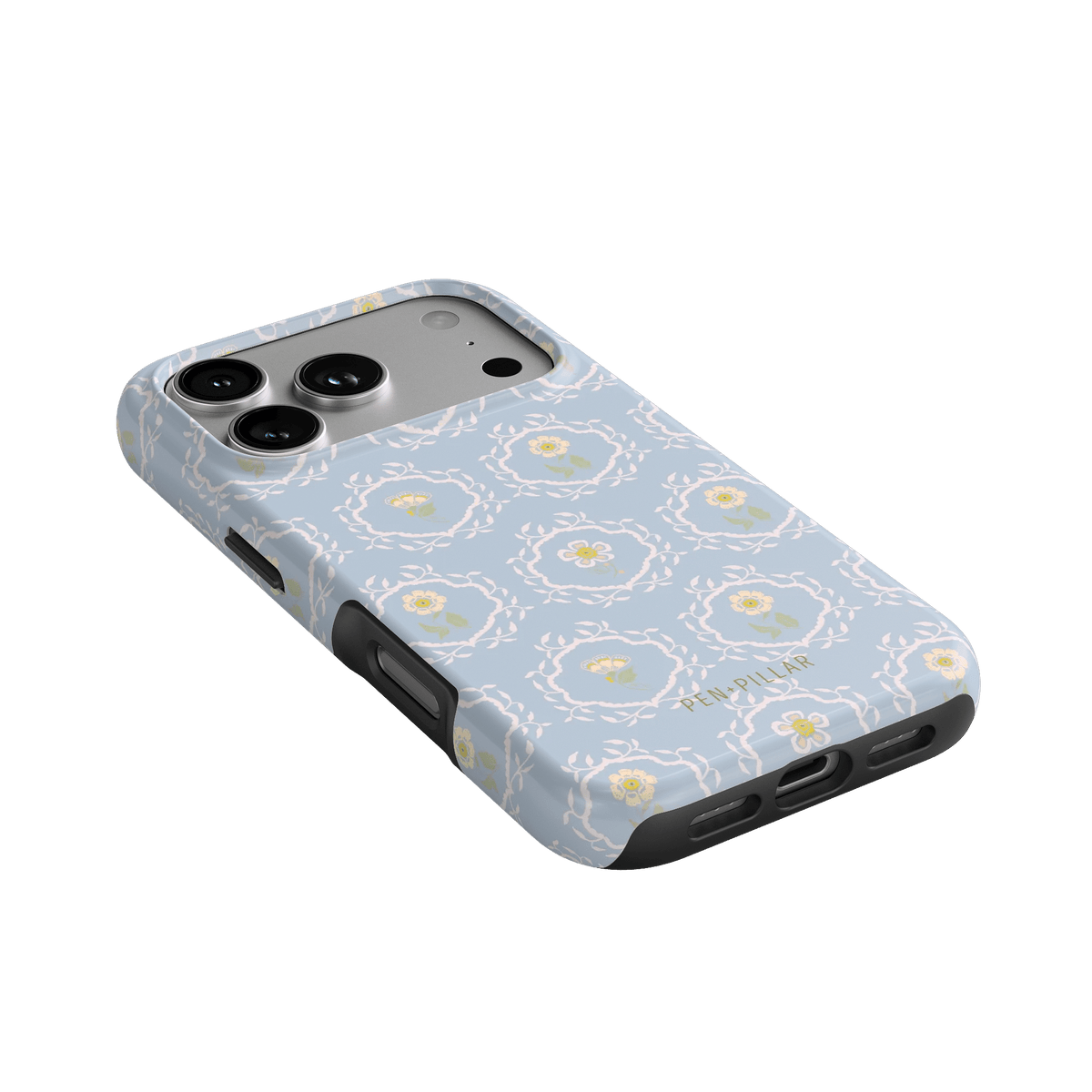 Merrigold iPhone case featuring a light blue floral pattern with yellow accents and a protective black border.