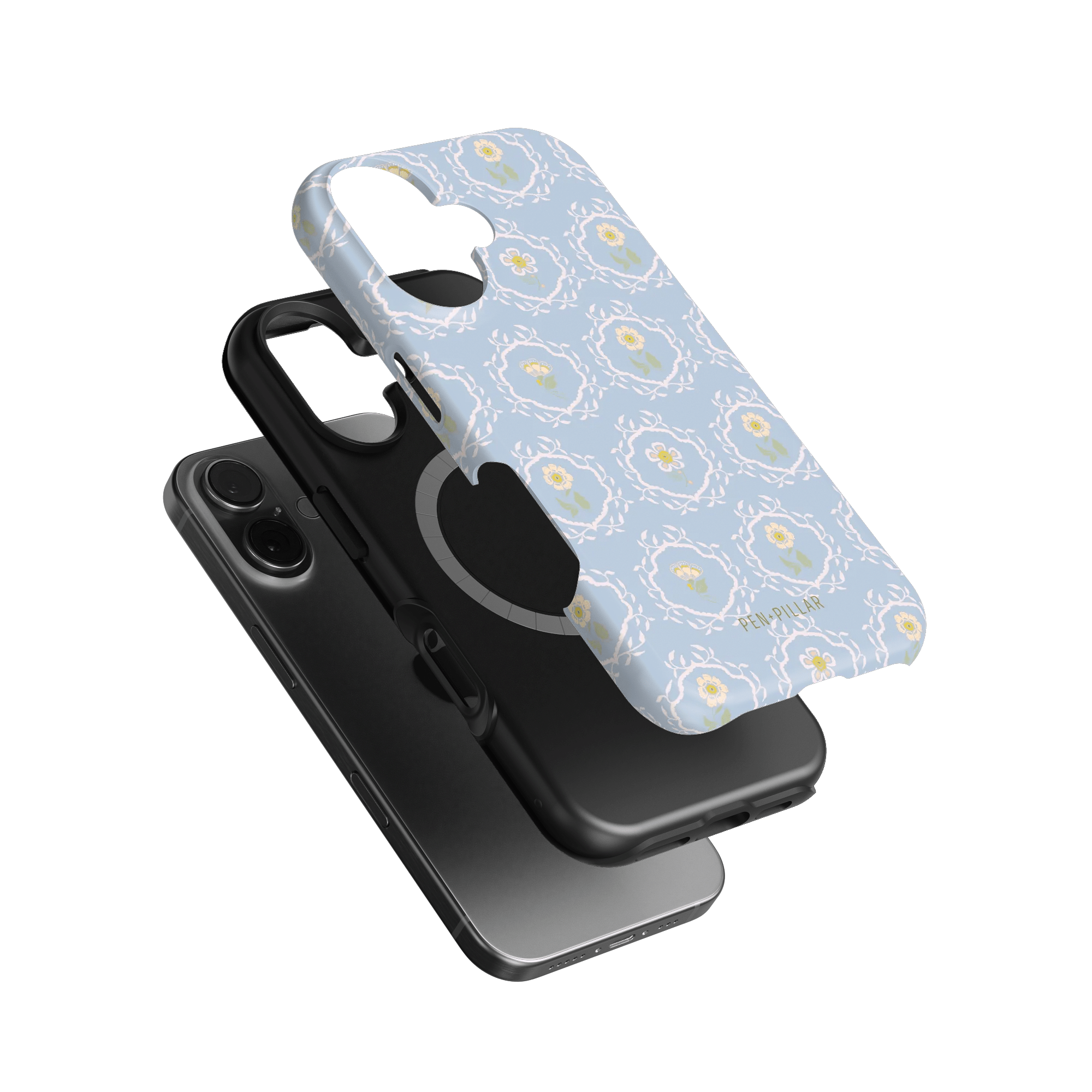 Merrigold iPhone case featuring a floral design in blue and yellow, layered over a black phone case.