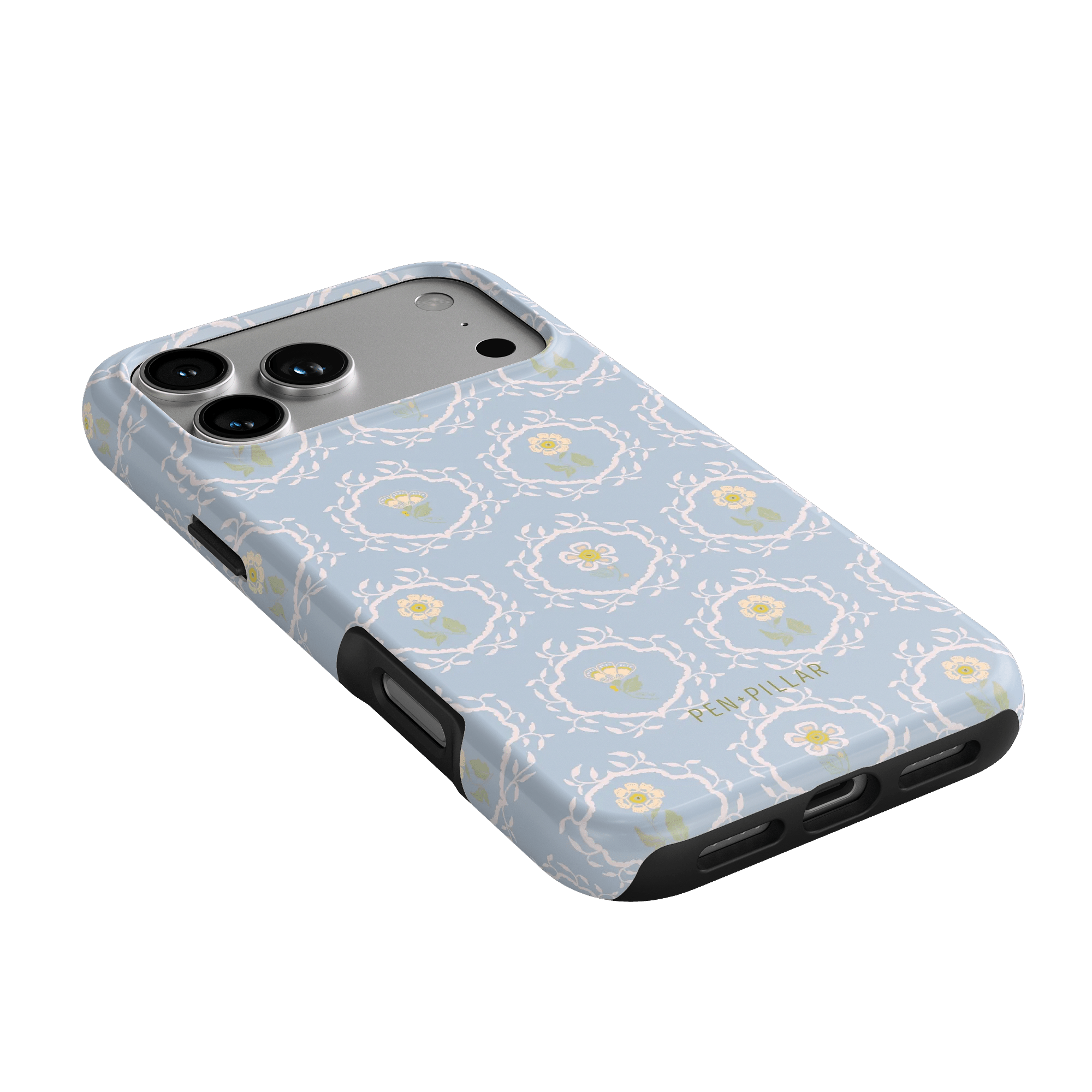 Merrigold iPhone case featuring a light blue floral pattern with black edges, angled to show camera cutouts.