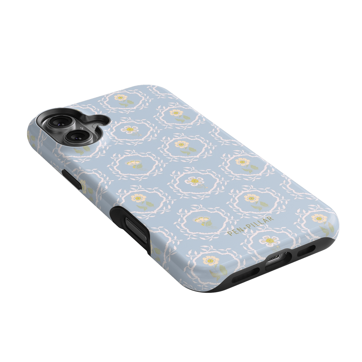 Merrigold iPhone case featuring a light blue floral pattern with white and yellow accents, angled view showing camera cutout.