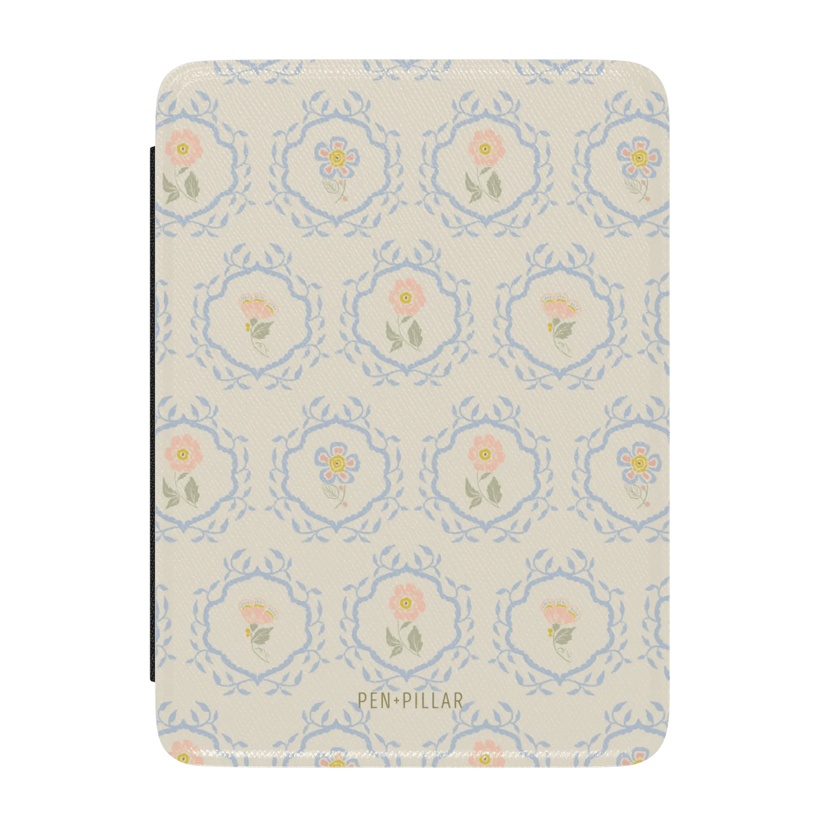 Merrigold Kindle case with floral pattern in pastel colors on a light background.