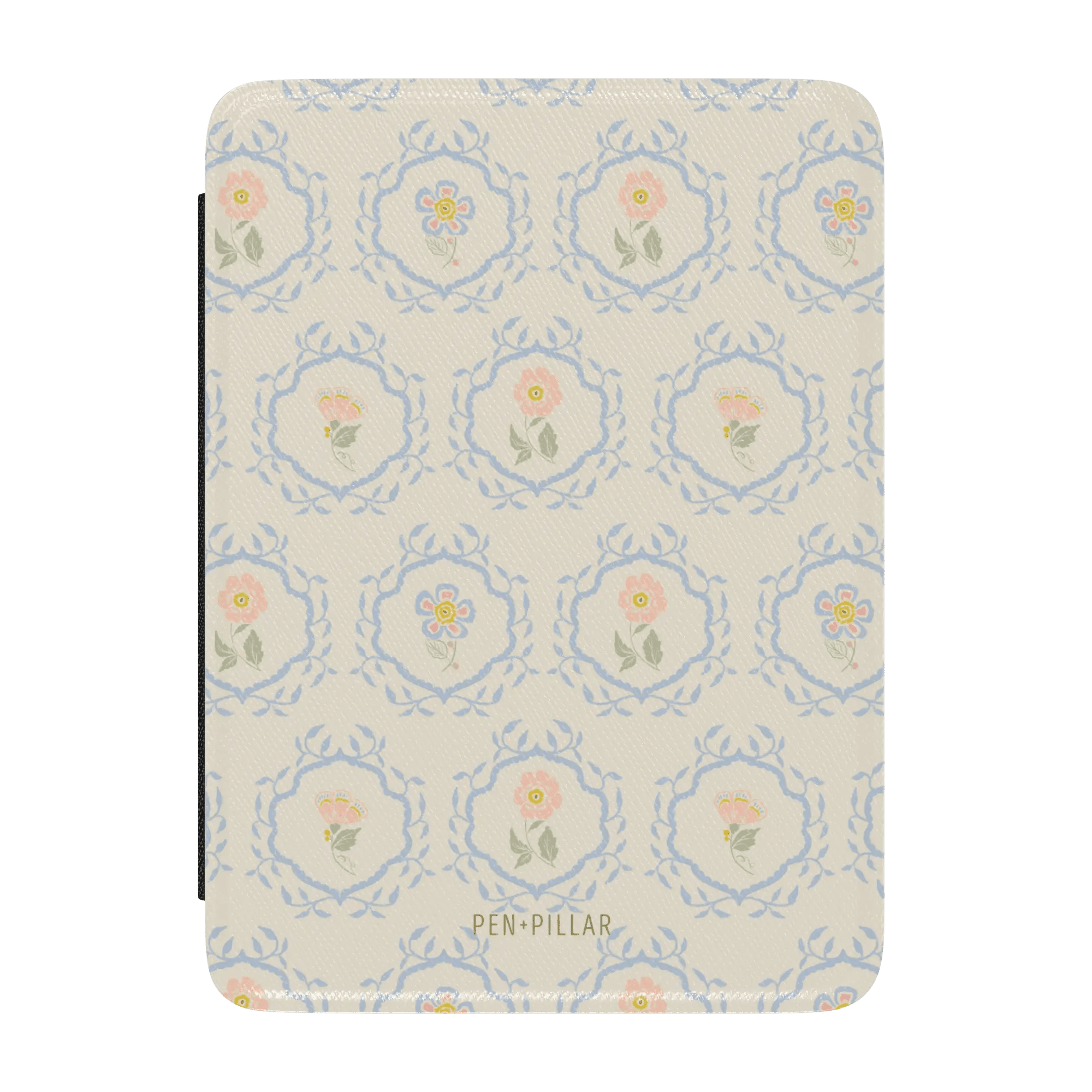 Merrigold Kindle case with floral pattern in pastel colors on a light background.
