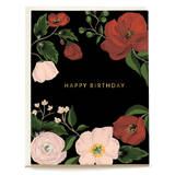 Midnight floral birthday card featuring red and pink flowers on a black background with "Happy Birthday" in gold text.