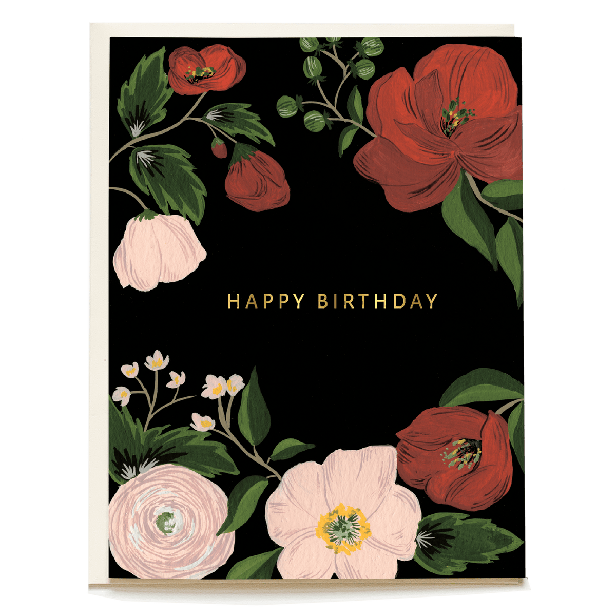 Midnight floral birthday card featuring red and pink flowers on a black background with "Happy Birthday" in gold text.