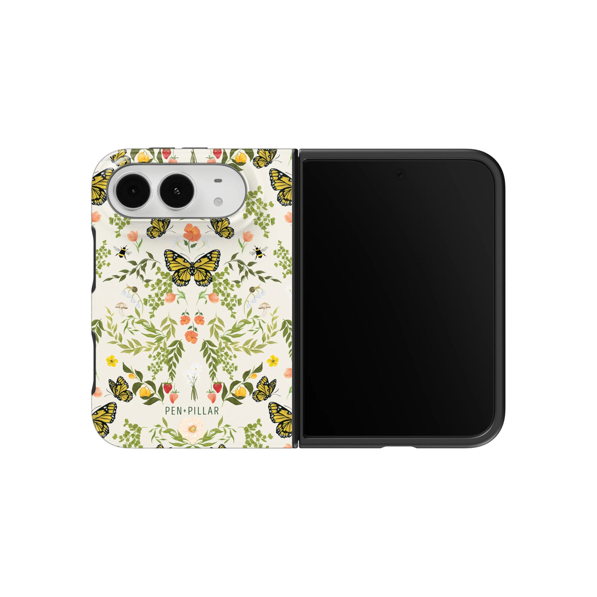 Monarch iPhone 18 Duo case on an unfolded iPhone 18 Duo, back and screen side by side: monarch butterflies and wildflowers on cream
