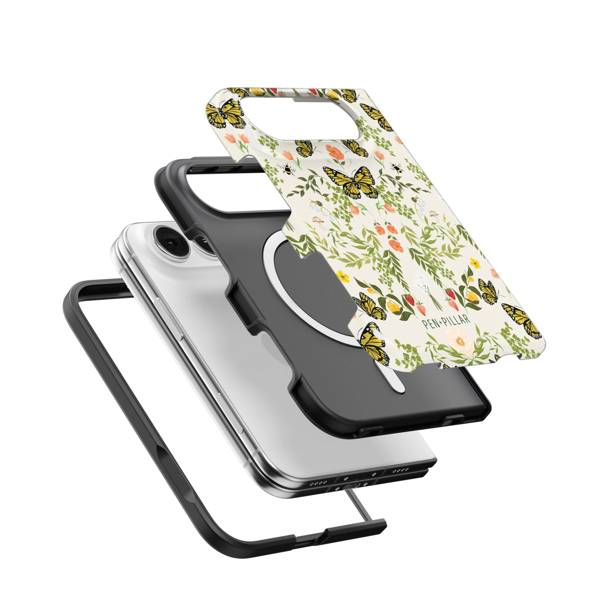 Monarch iPhone 18 Duo case, exploded view of the printed shell, black inner layer with MagSafe ring, and phone