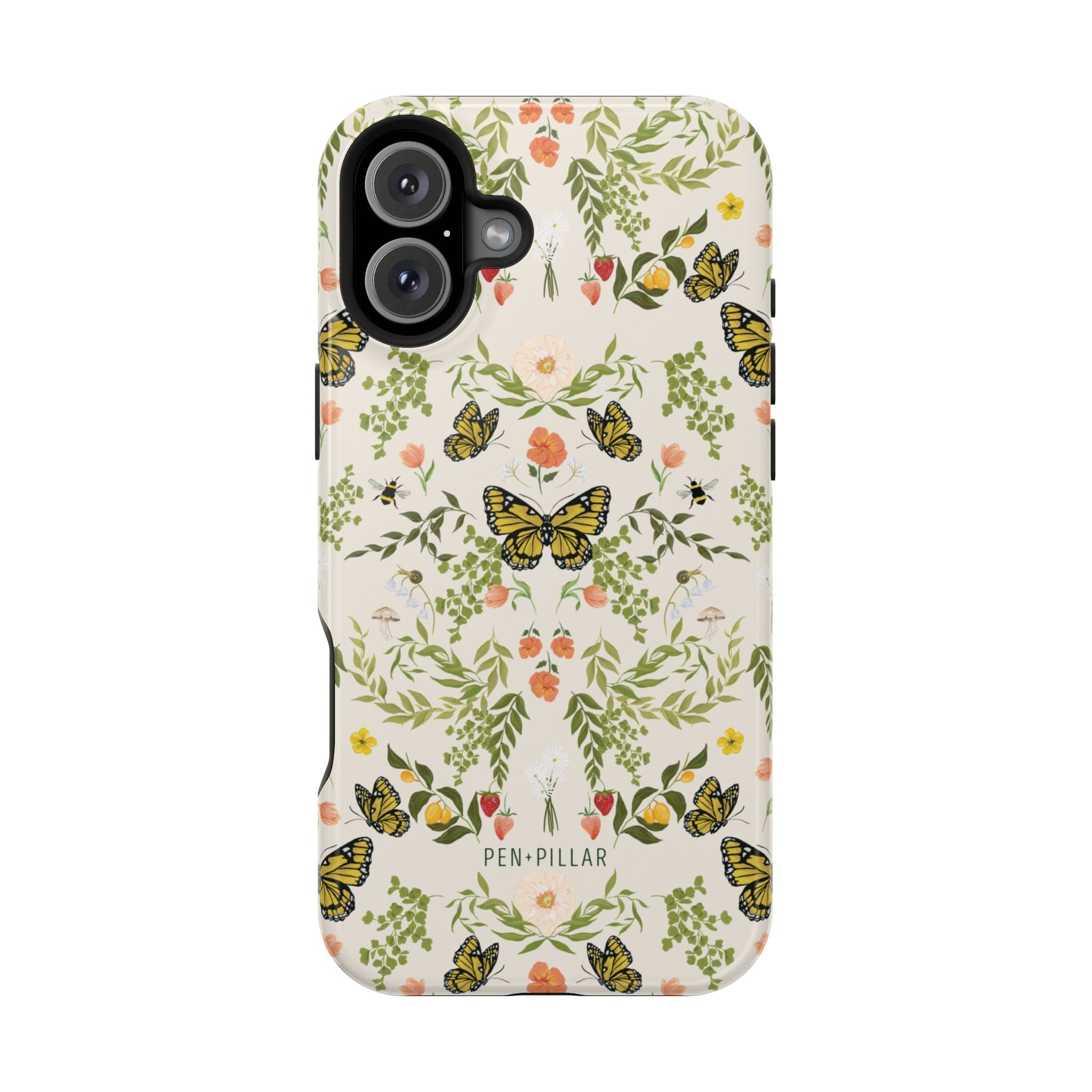 Monarch iPhone case featuring a floral and butterfly design in vibrant colors on a light background.