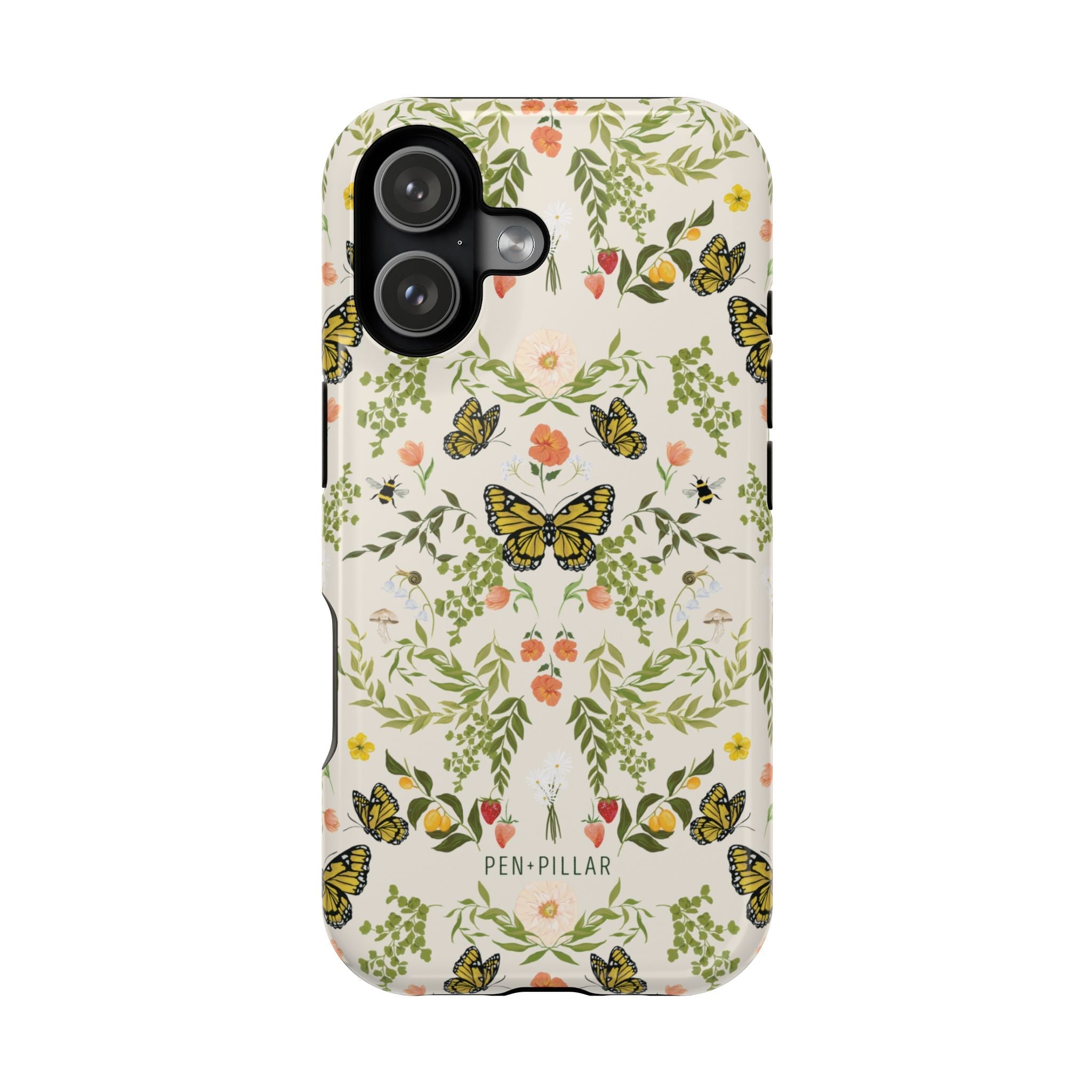 Monarch iPhone case featuring a floral design with butterflies in yellow and green on a light background.