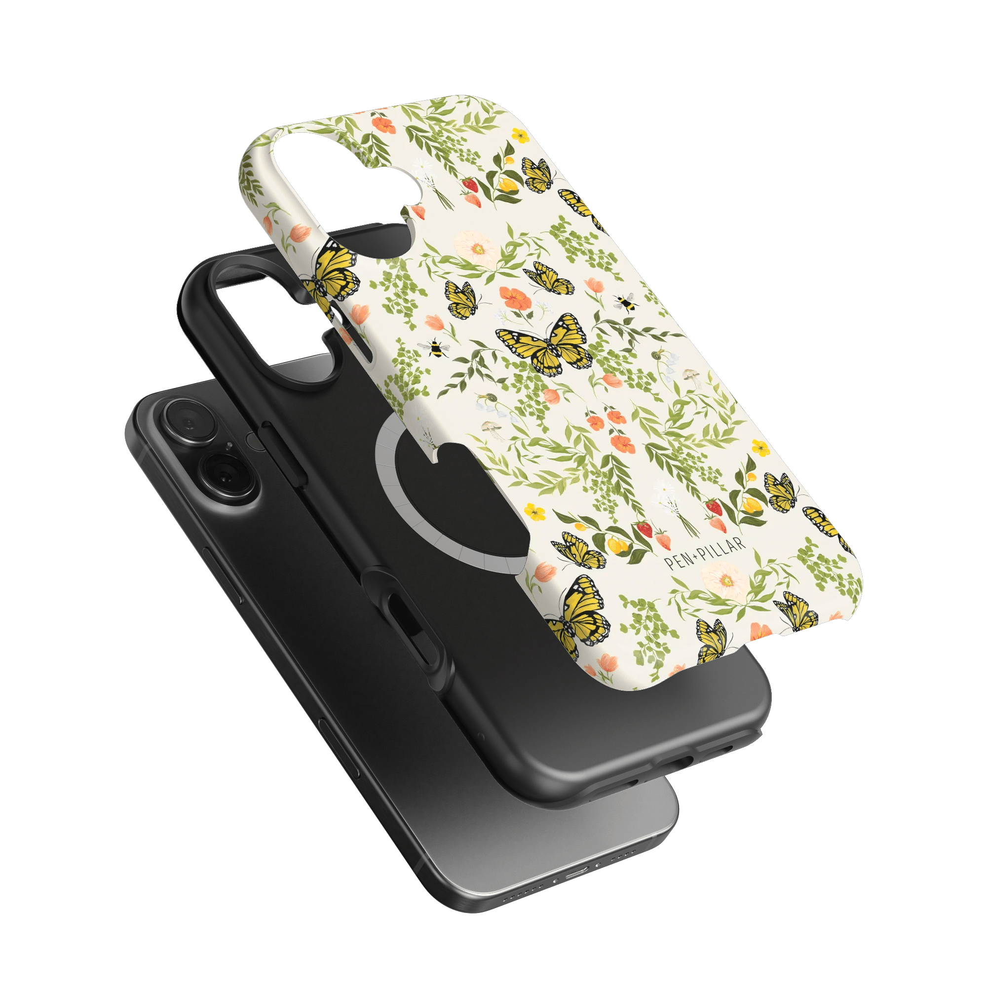 Monarch iPhone case featuring a floral and butterfly design with a black inner layer for protection.