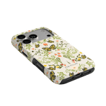 Monarch iPhone case featuring a floral design with butterflies in yellow and green on a white background.
