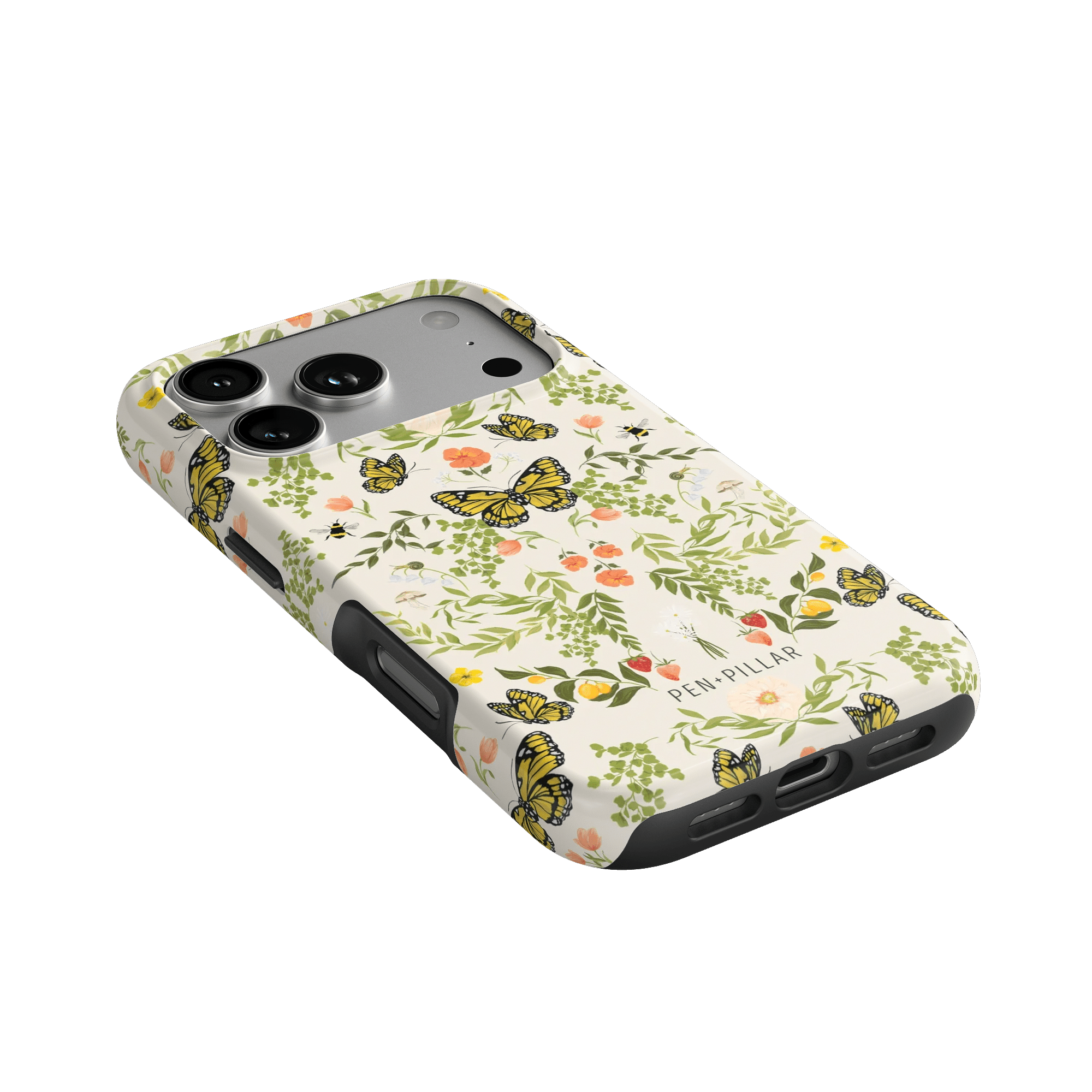 Monarch iPhone case featuring a floral design with butterflies in yellow and green on a white background.