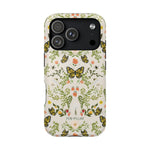 Monarch iPhone case featuring a floral design with butterflies in yellow and green on a light background.