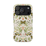 Monarch iPhone case featuring a floral design with butterflies in yellow and green on a light background.