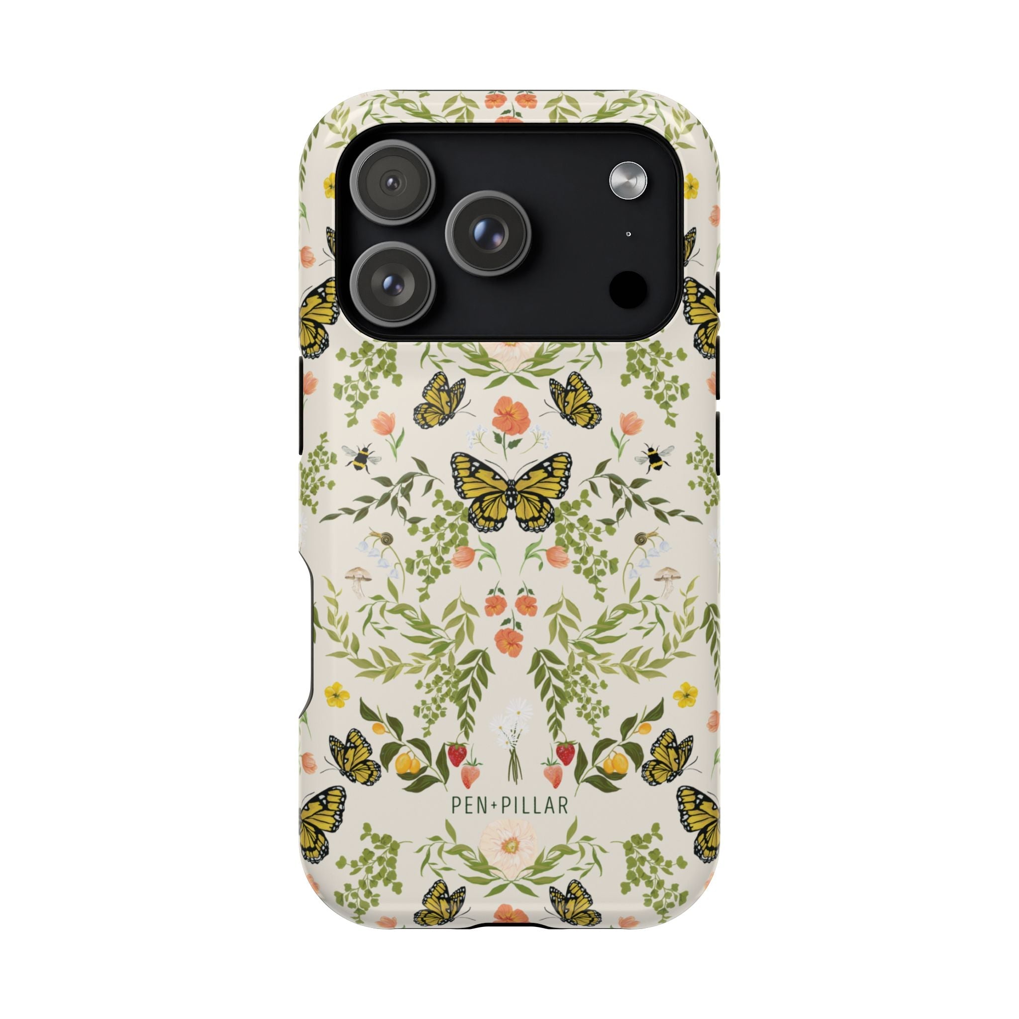 Monarch iPhone case featuring a floral design with butterflies in yellow and green on a light background.