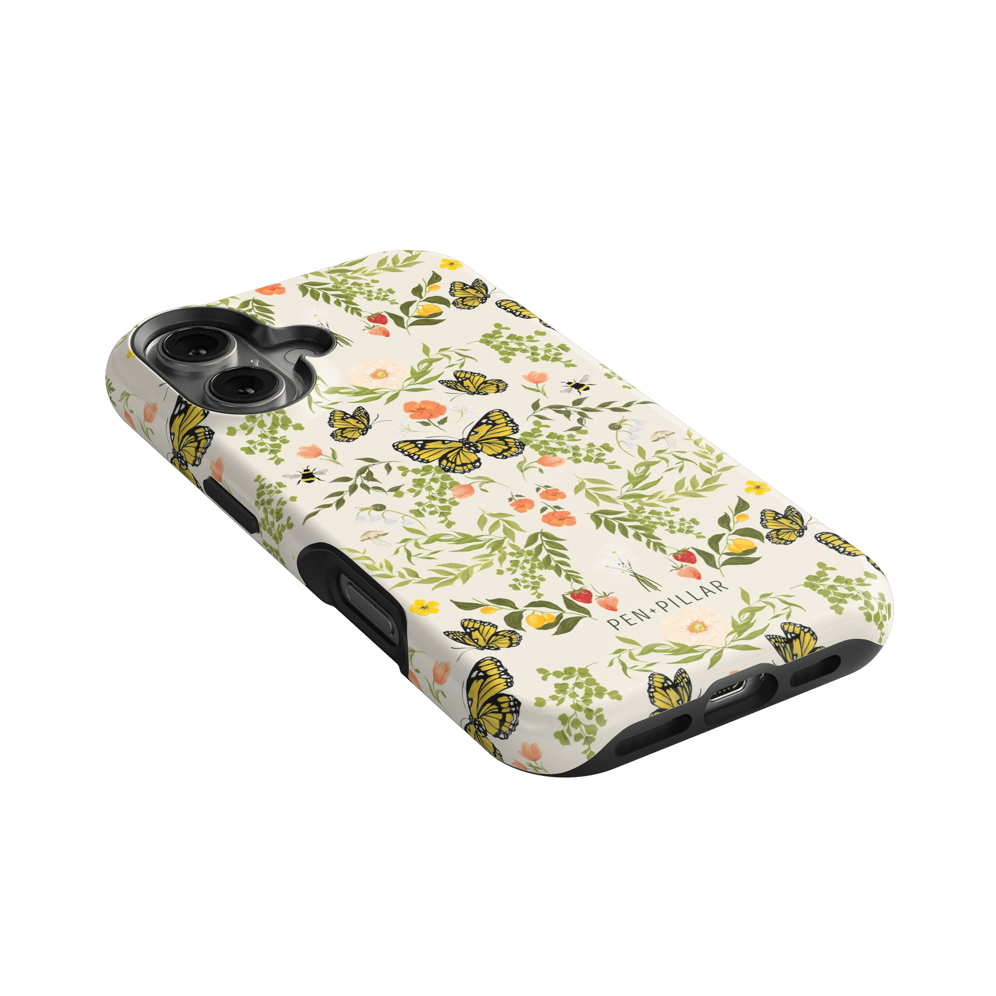 Monarch iPhone case featuring a floral and butterfly design in soft colors on a white background.