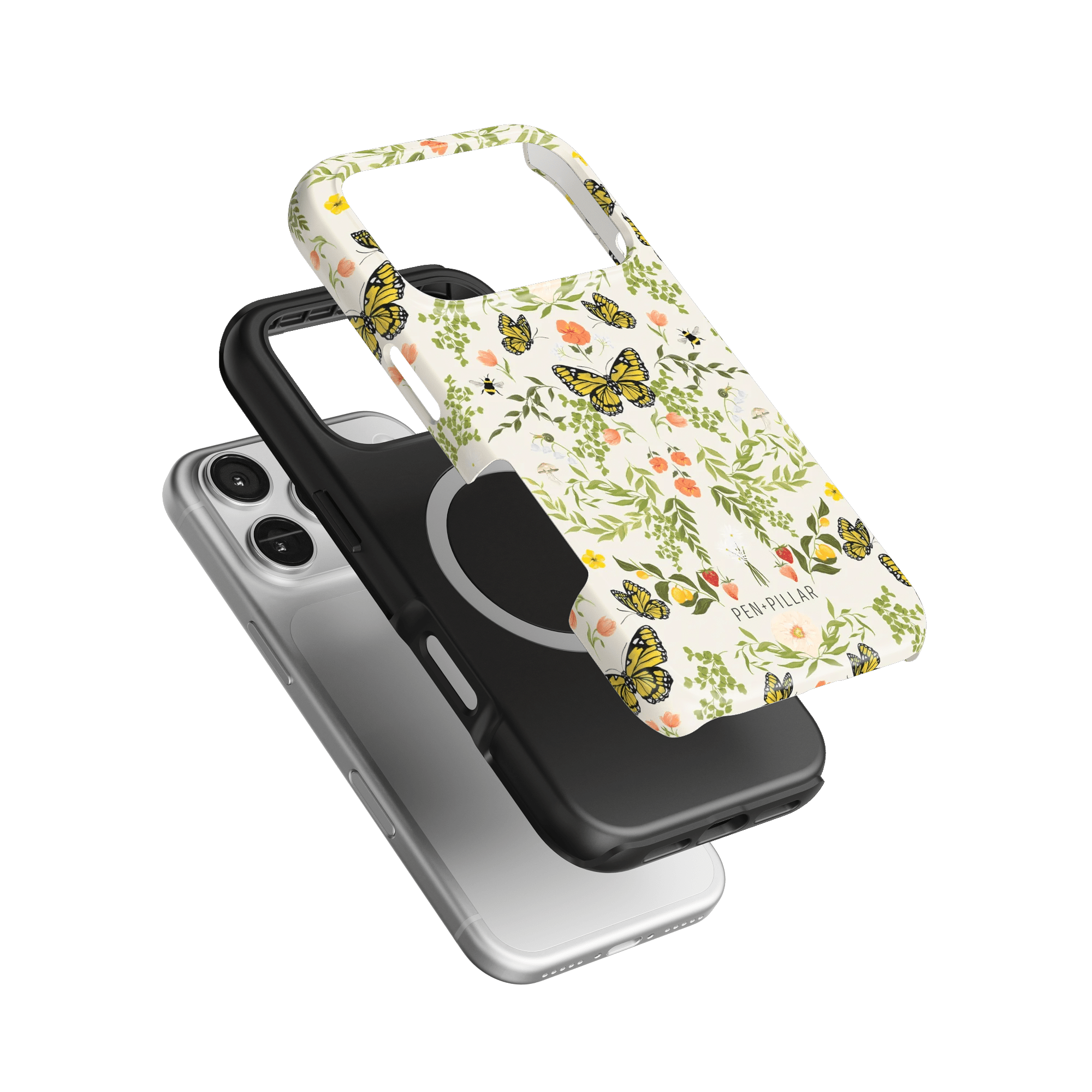 Monarch iPhone case featuring a floral design with butterflies, layered over a black and clear case.