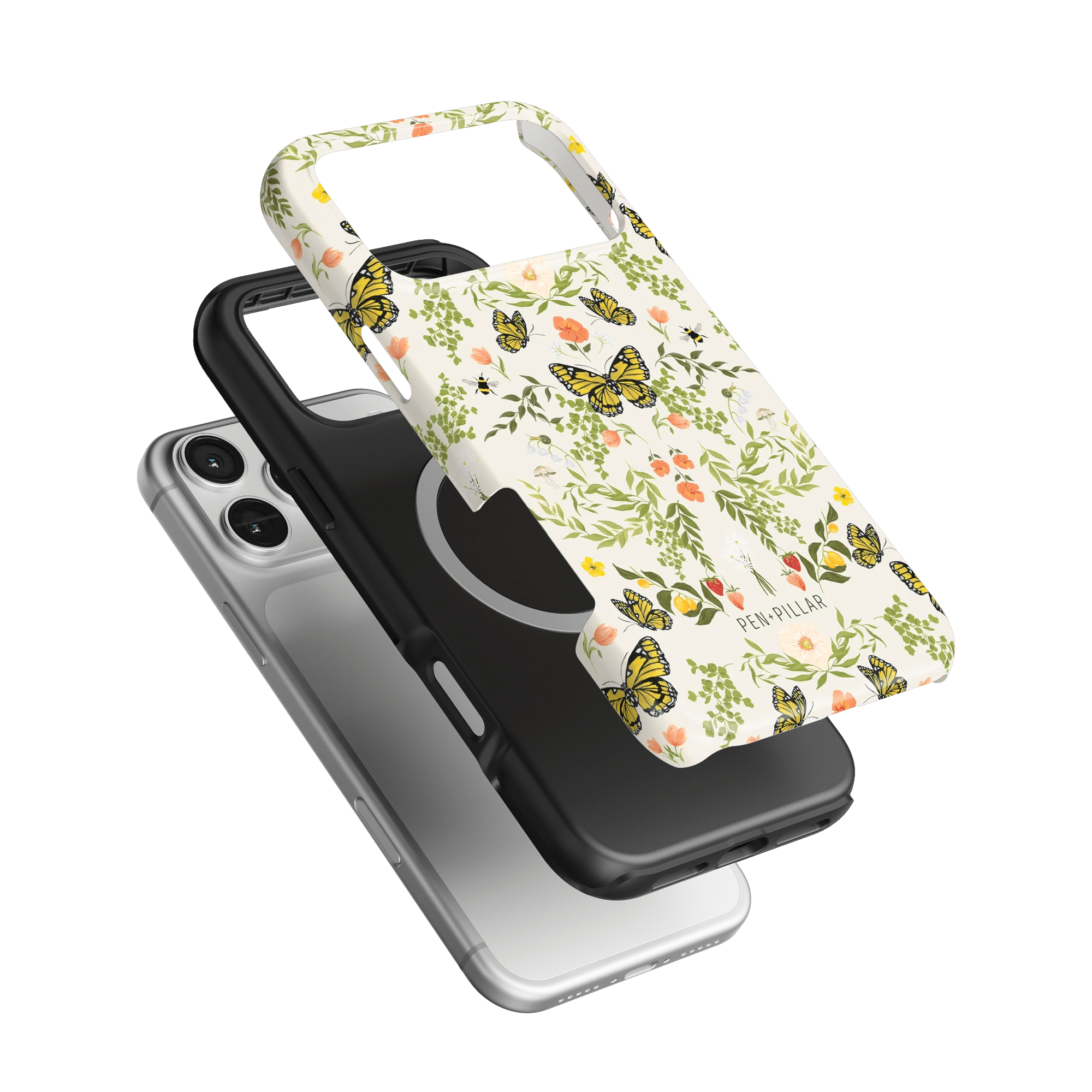 Monarch iPhone case featuring a floral design with butterflies, layered over a black and silver phone case.