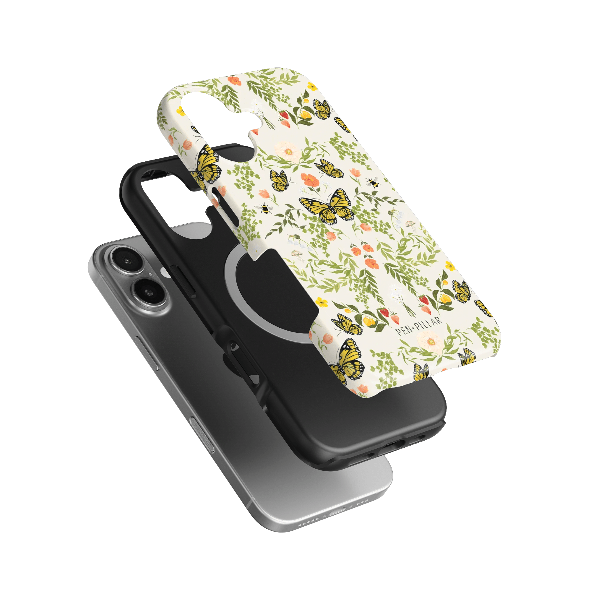 Monarch iPhone case featuring a floral design with butterflies in vibrant colors, layered over a black phone case.