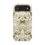 Monarch iPhone case featuring a floral design with butterflies in green, yellow, and pink tones on a light background.