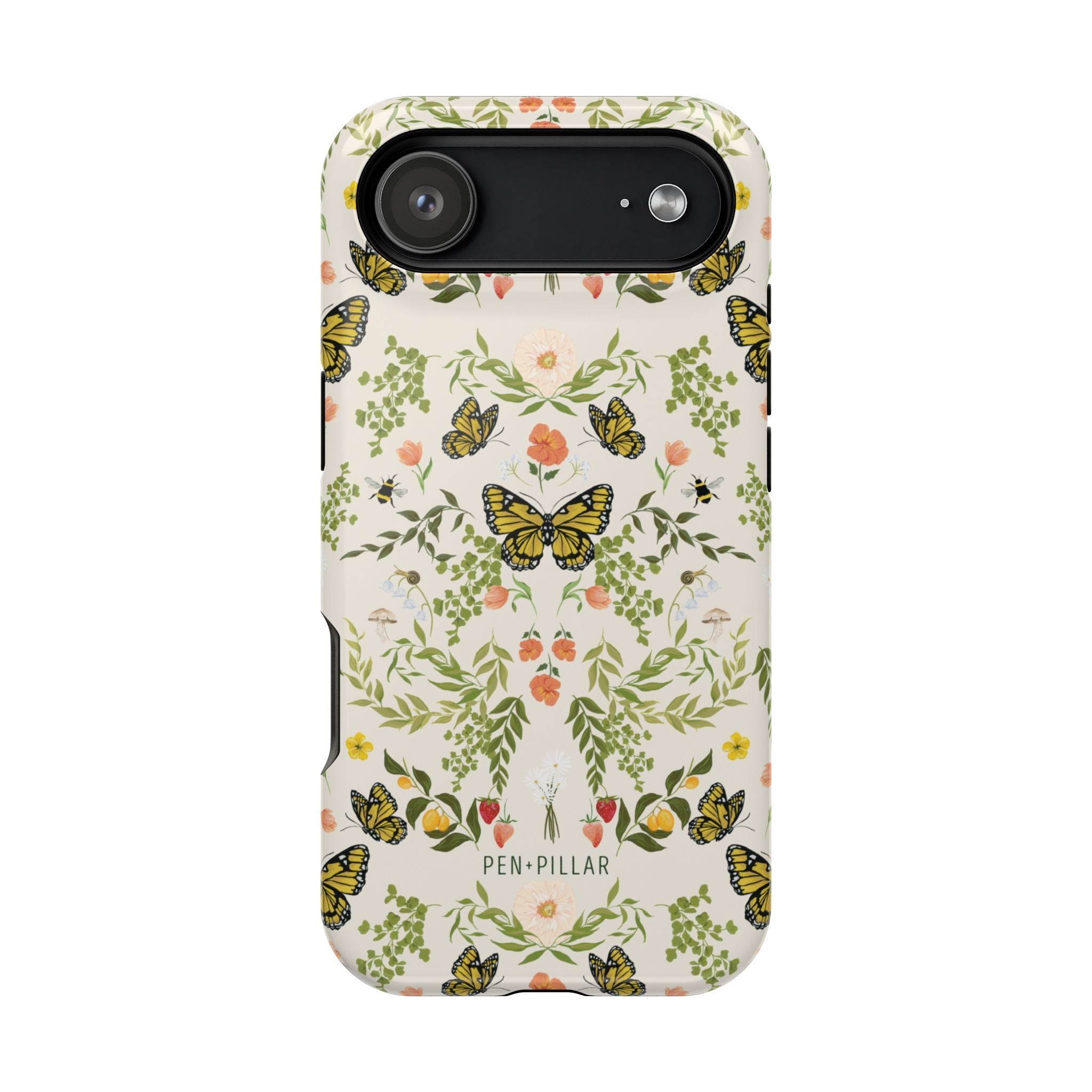 Monarch iPhone case featuring a floral design with butterflies in green, yellow, and pink tones on a light background.