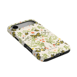 Monarch iPhone case featuring a floral design with butterflies in yellow and green on a light background.