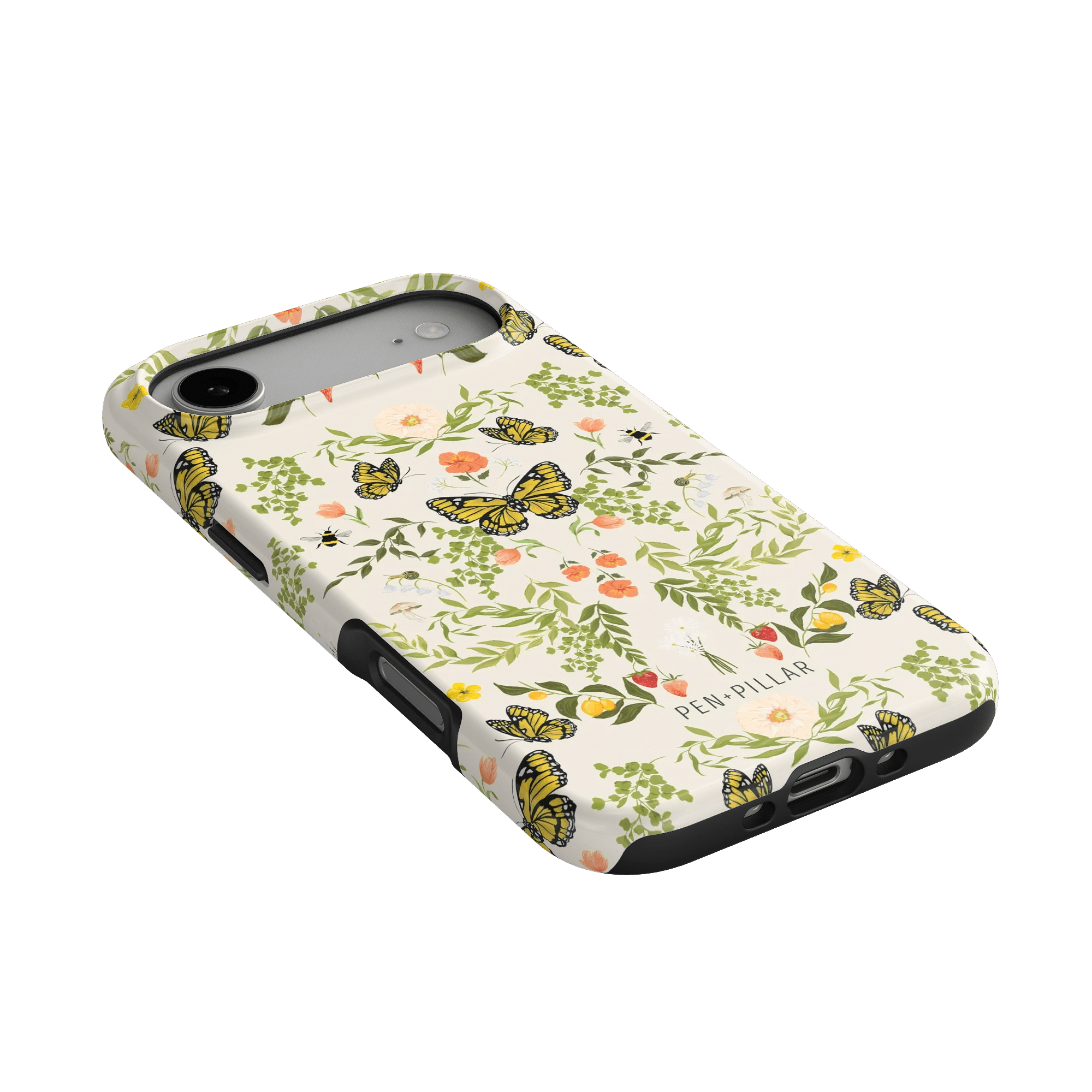 Monarch iPhone case featuring a floral design with butterflies in yellow and green on a light background.