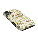 Monarch iPhone case featuring a floral design with butterflies in yellow and green on a light background.